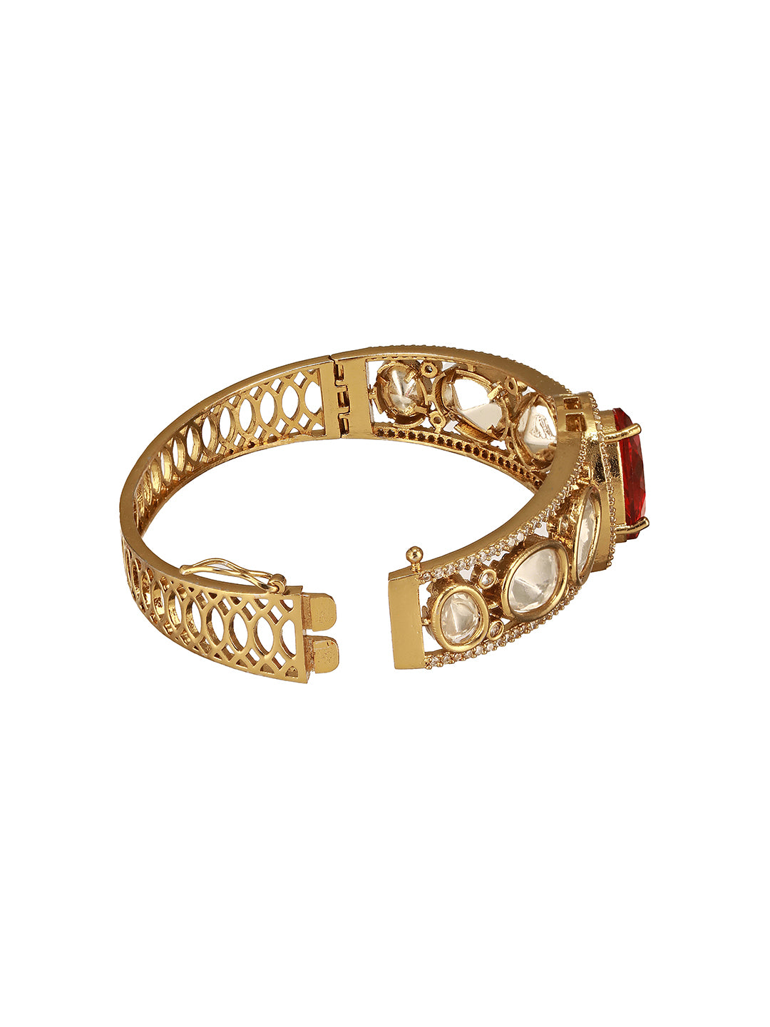 Gold Polish Ruby Red Kundan Mossanaite Tilak Shaped Openable Kada Bracelet