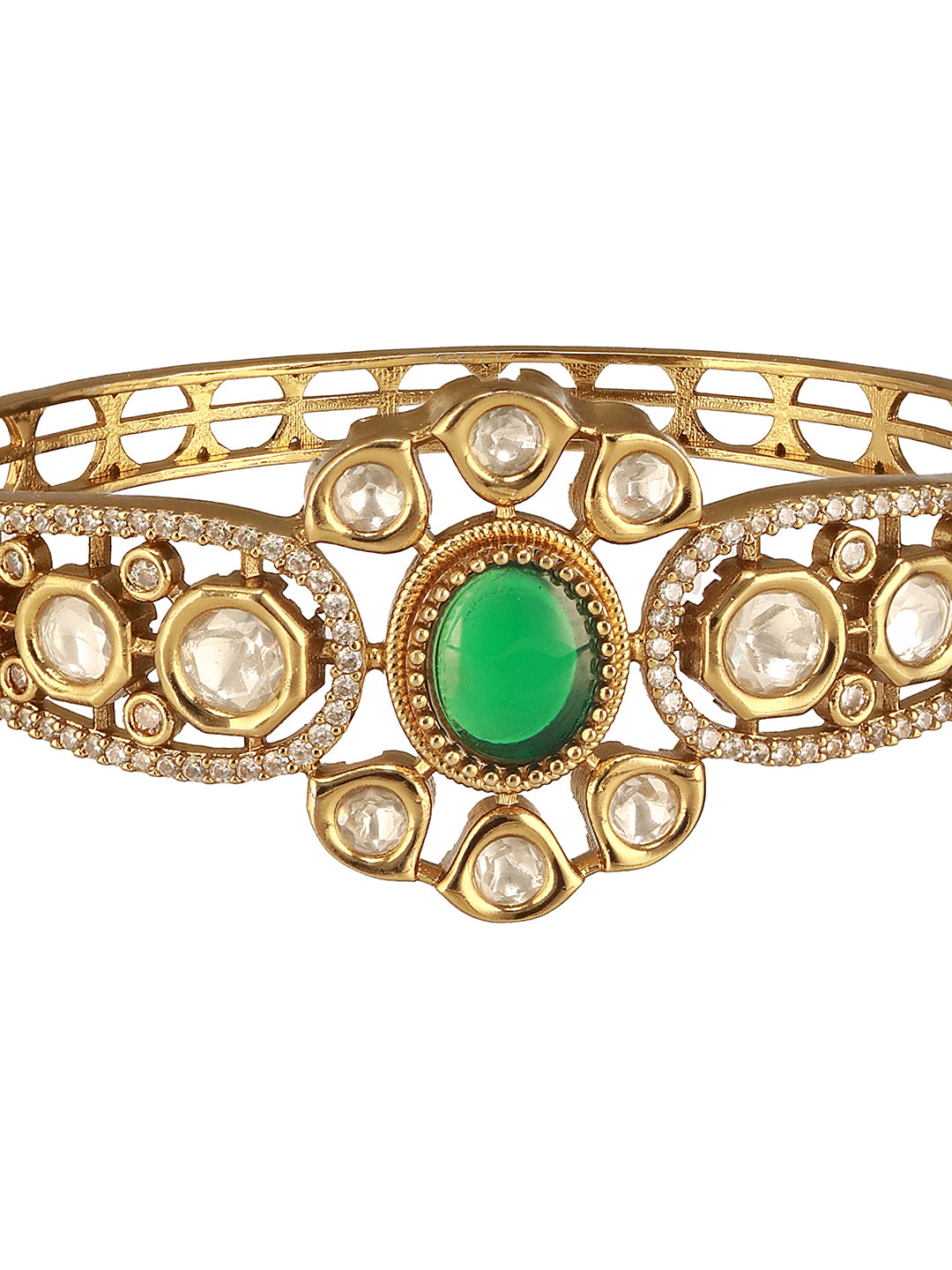 Gold Polish  Green Emerald Kundan  Mossanaite Studded  Floral Openable Kada Bracelet