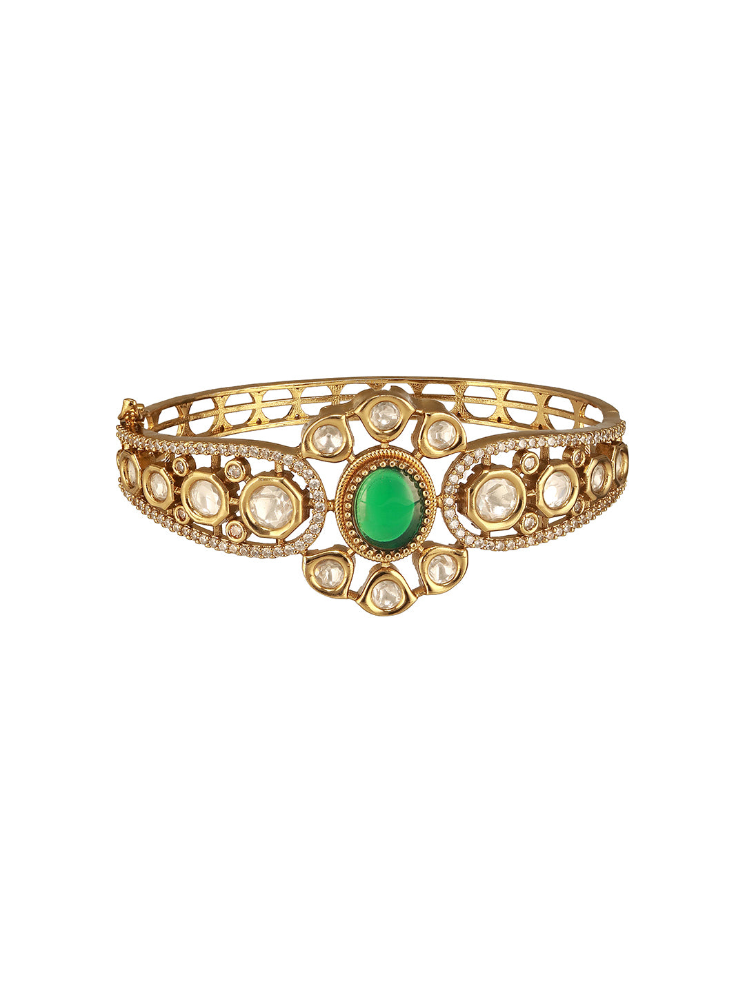 Gold Polish  Green Emerald Kundan  Mossanaite Studded  Floral Openable Kada Bracelet
