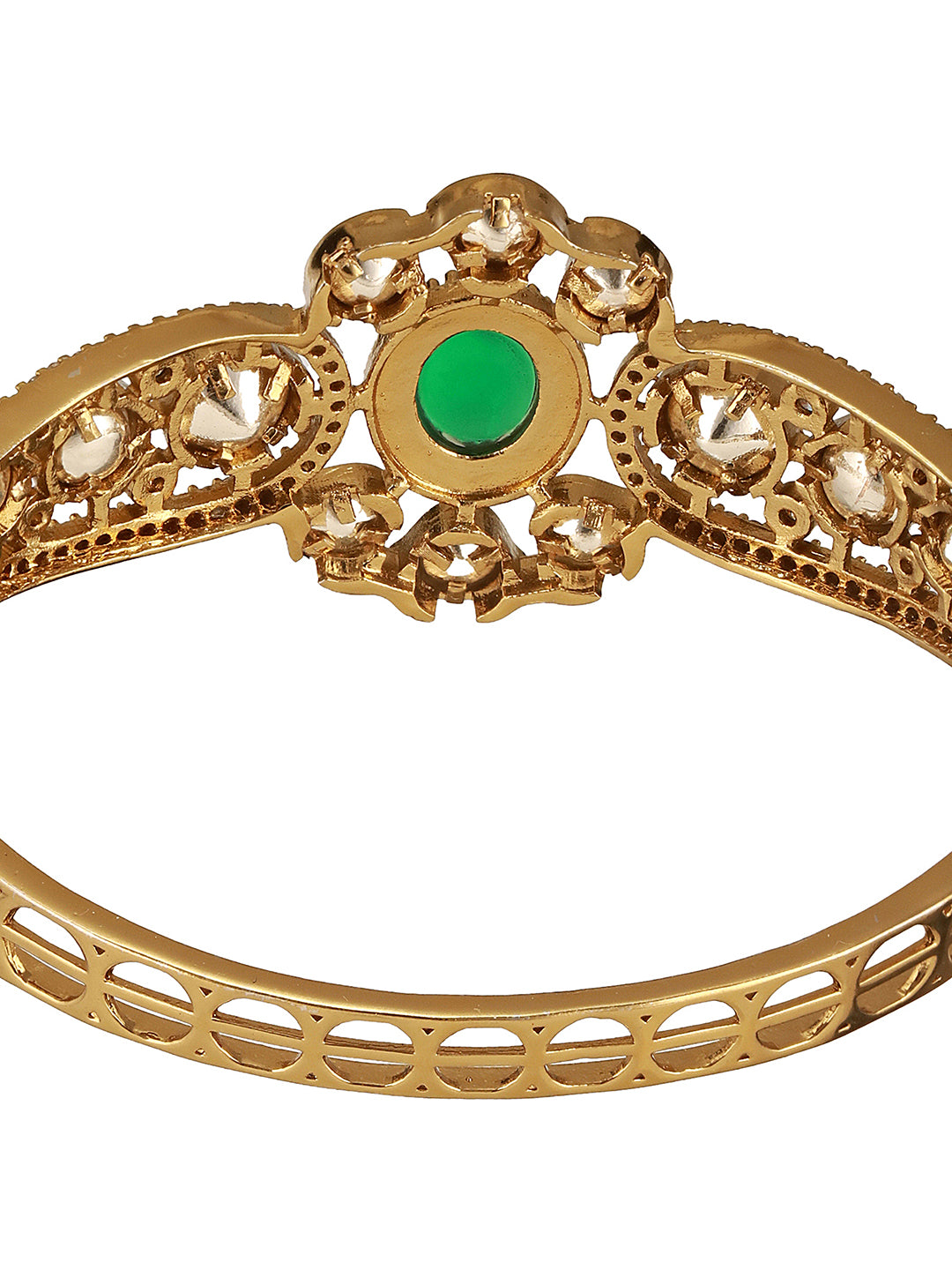 Gold Polish  Green Emerald Kundan  Mossanaite Studded  Floral Openable Kada Bracelet