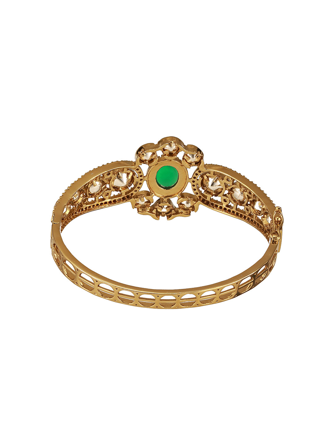 Gold Polish  Green Emerald Kundan  Mossanaite Studded  Floral Openable Kada Bracelet