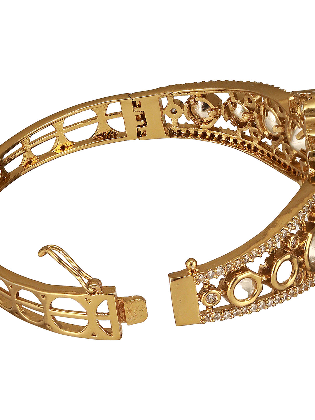 Gold Polish  Green Emerald Kundan  Mossanaite Studded  Floral Openable Kada Bracelet