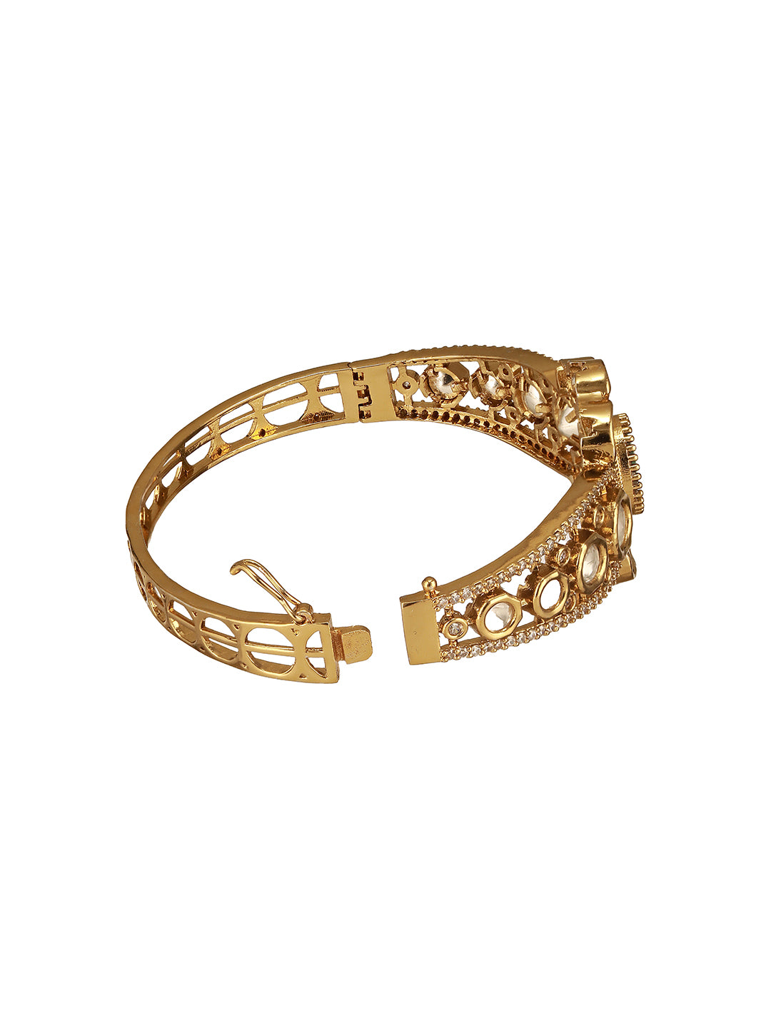 Gold Polish  Green Emerald Kundan  Mossanaite Studded  Floral Openable Kada Bracelet