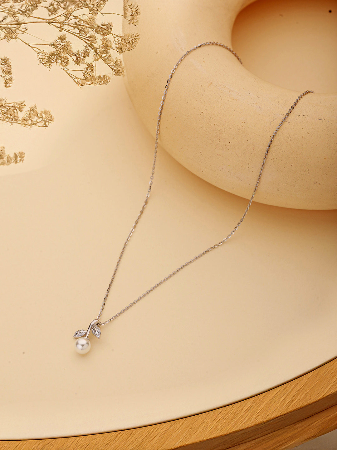 925 Sterling Silver Rose Gold Plated CZ & Pearl Beaded Leafy Minimal Pendant Necklace & Chain