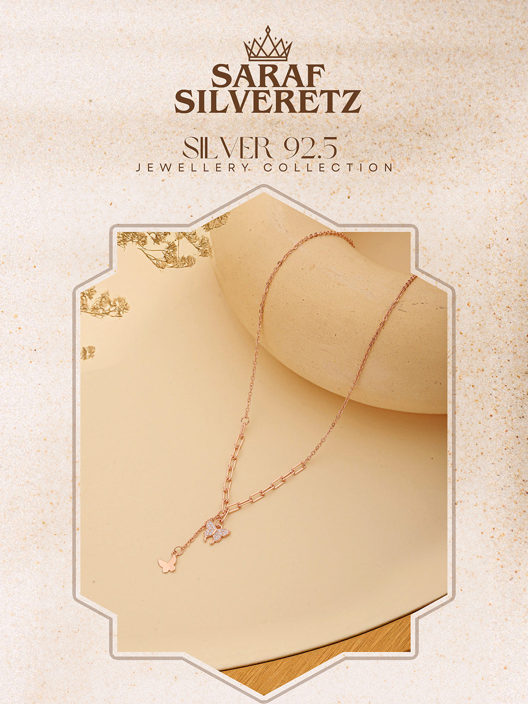 925 Sterling Silver CZ Studded  Rose Gold Plated Butterfly Tassle Minimal Necklace & Chain