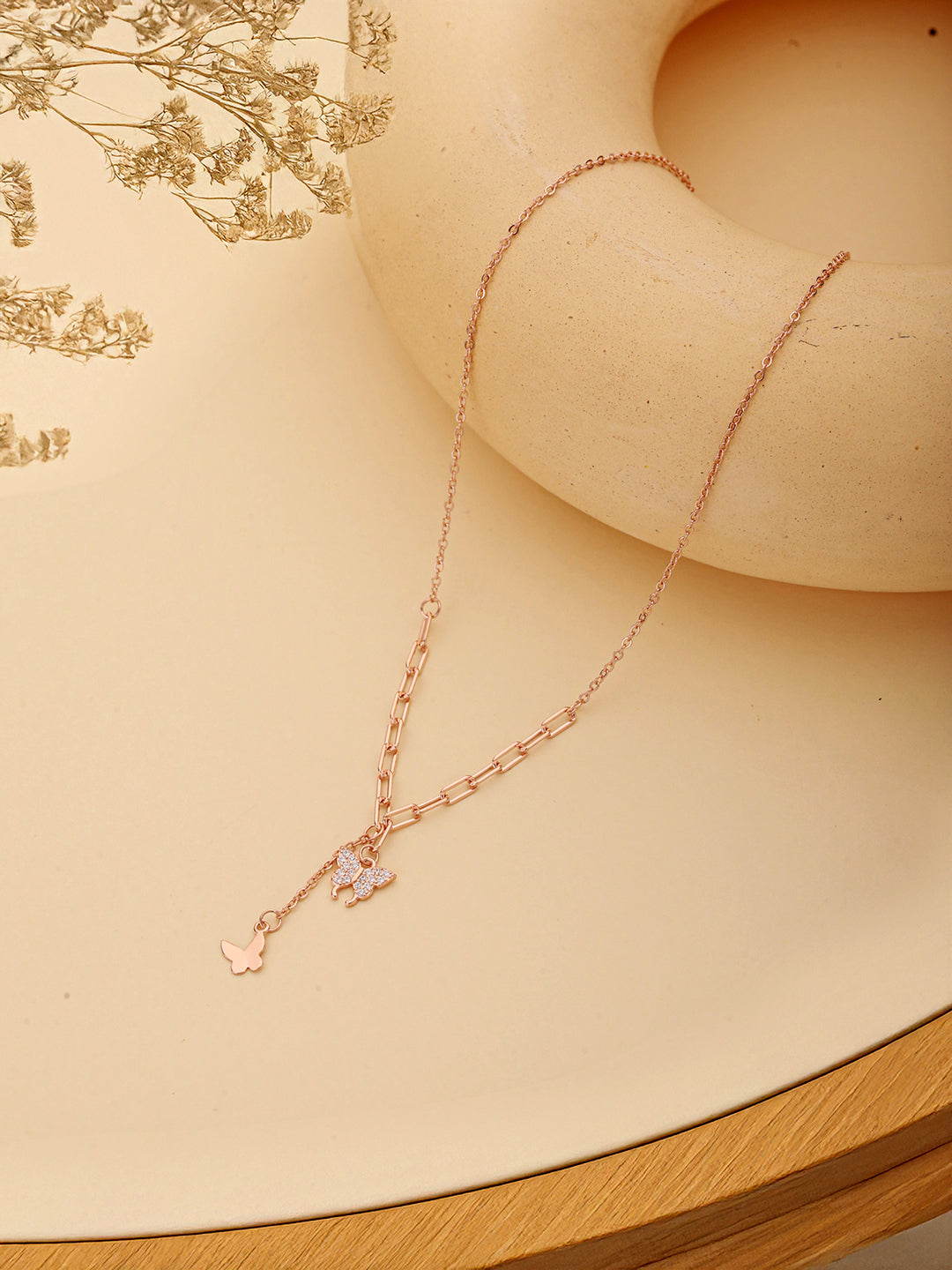 925 Sterling Silver CZ Studded  Rose Gold Plated Butterfly Tassle Minimal Necklace & Chain