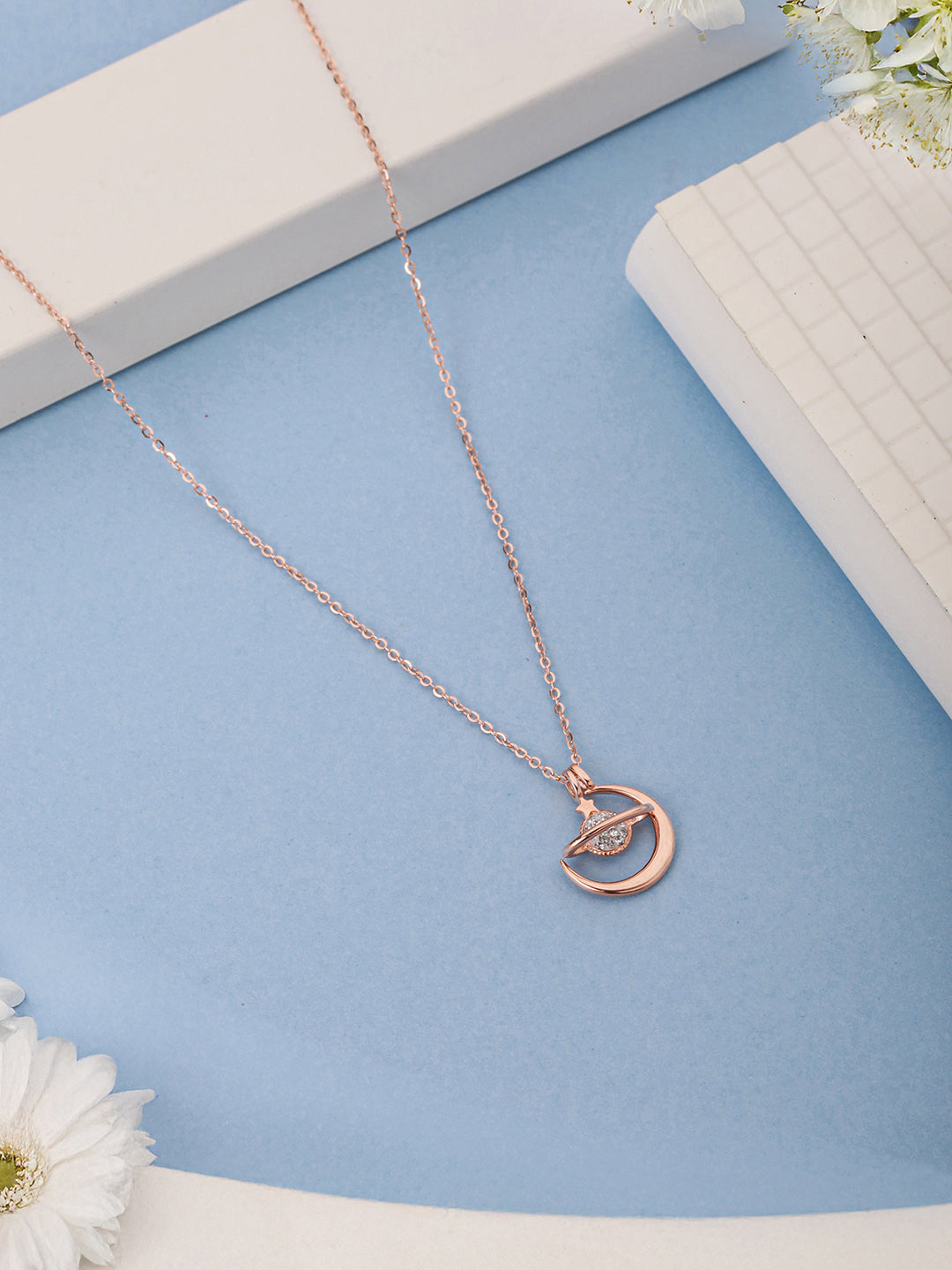 925 Sterling Silver Rose Gold  Plated CZ Studded Minimal Orbit Pendant Necklace & Chain