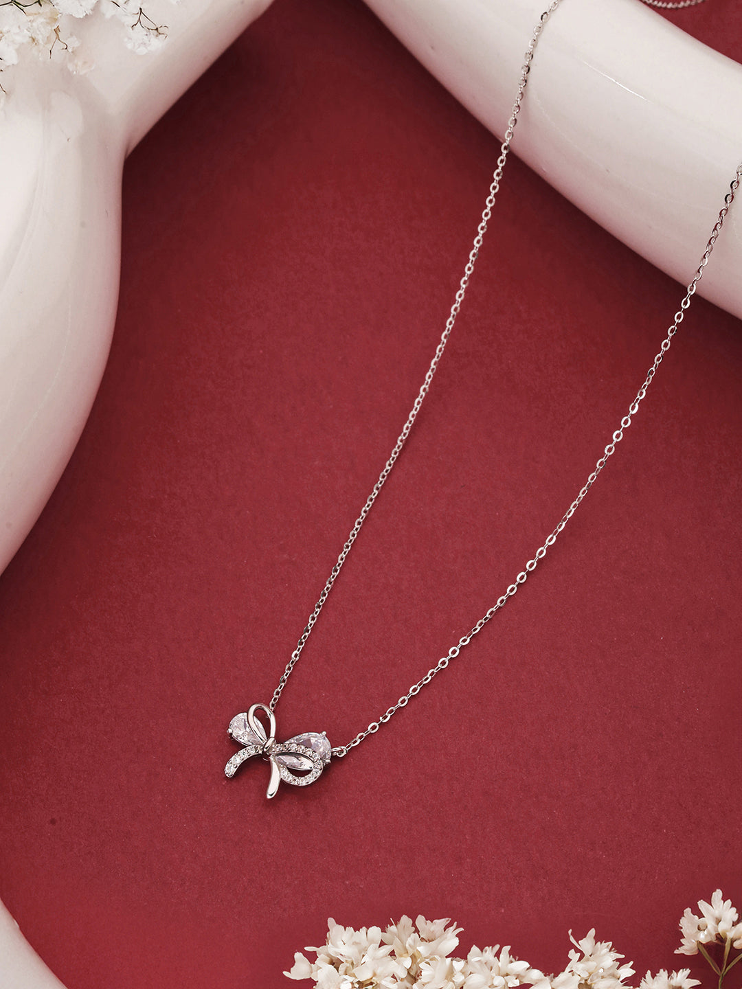 925 Sterling Silver AD Studded Minimal Bow Delicate Pendant Necklace & Chain