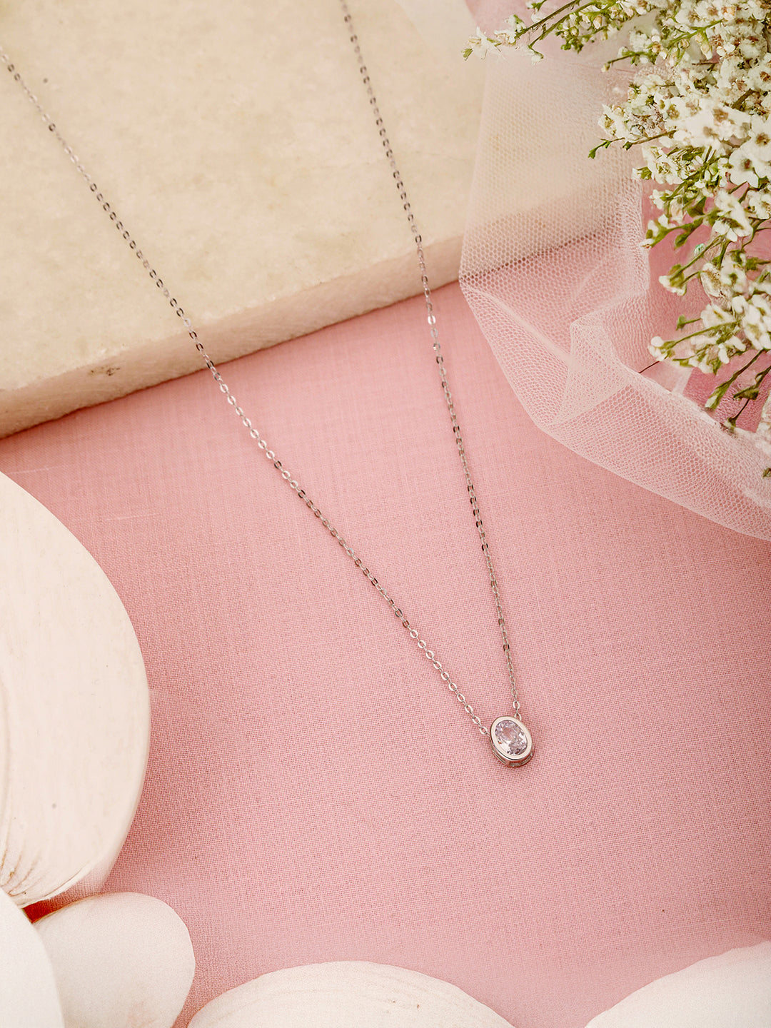 925 Sterlling Silver CZ Studded Oval AD Solitaire Pendant Necklace & Chain