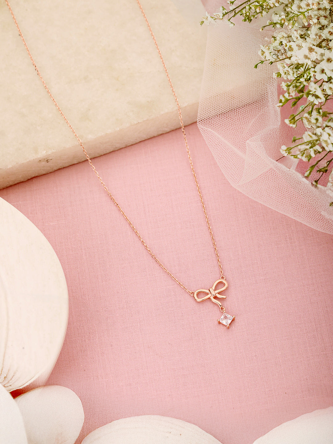 925 Sterling Silver Rose Gold AD Studded Minimal Bow Designer  Pendant Necklace & Chain
