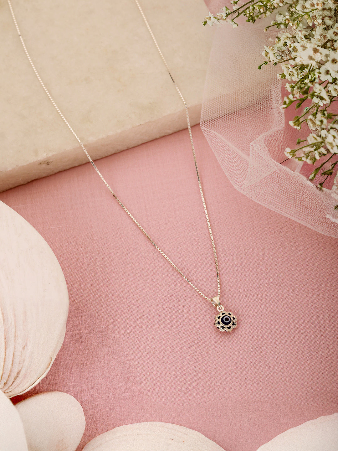 925 Sterling Silver Rhodium Plated Minimal  Evil Eye Locket Pendant Necklace & Chain