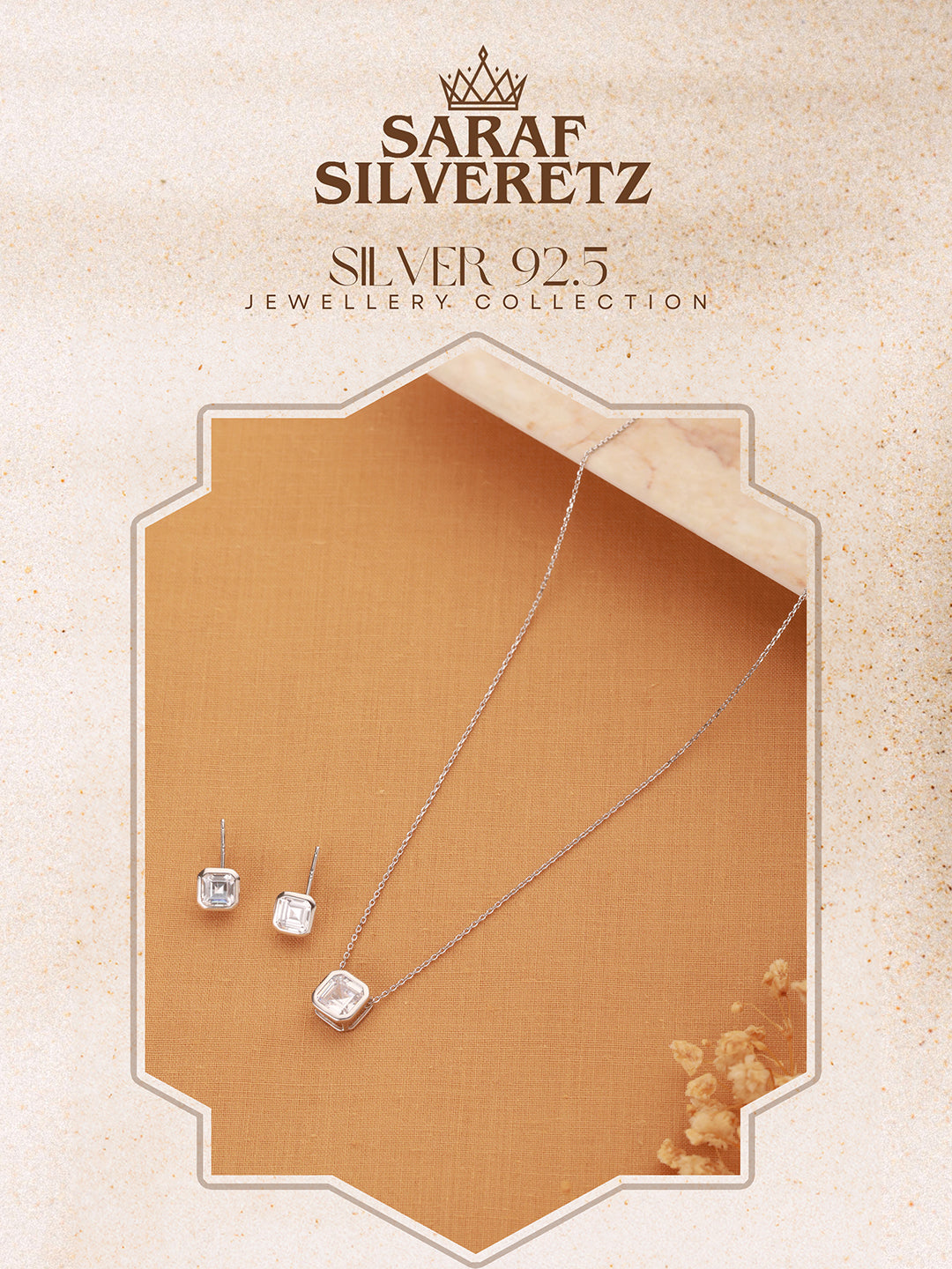 925 Sterling Silver AD Studded Geometric Halo Square Solitaire Locket Jewellery Set