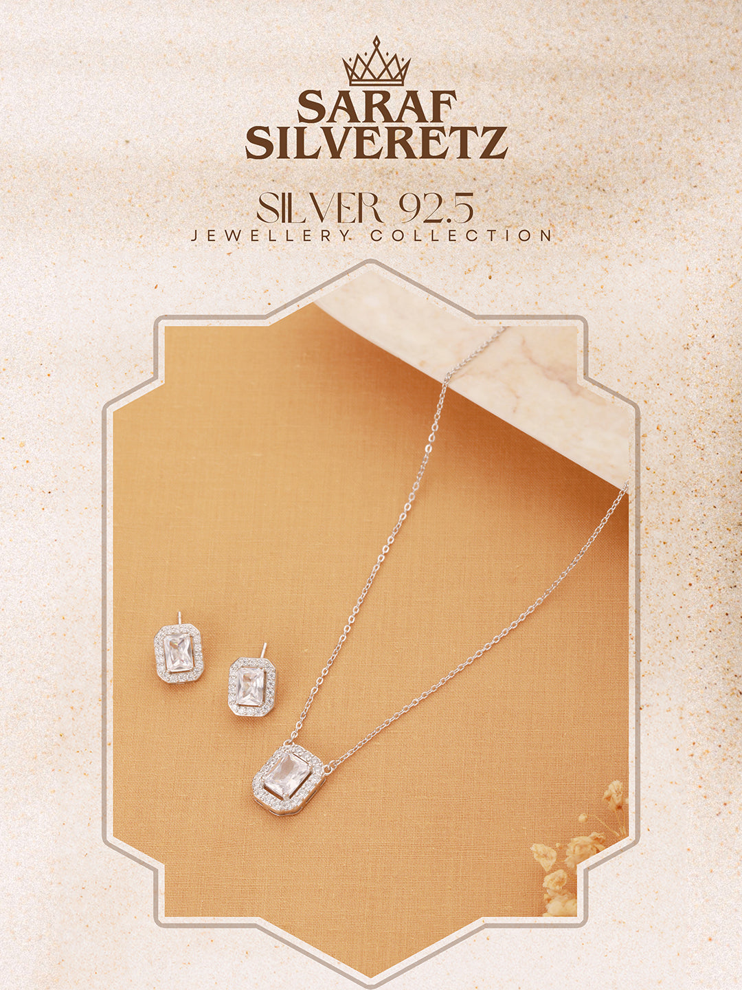 925 Sterling Silver Cz Studded Geometric Halo Solitaire Pendant Jewellery Set