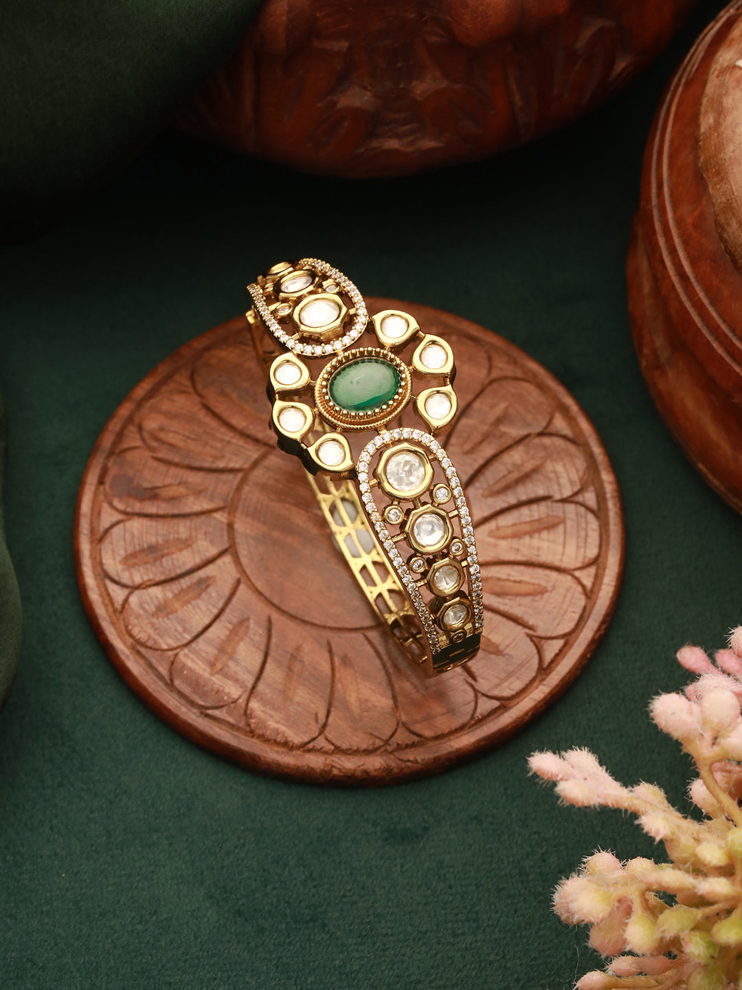 Gold Polish  Green Emerald Kundan  Mossanaite Studded  Floral Openable Kada Bracelet