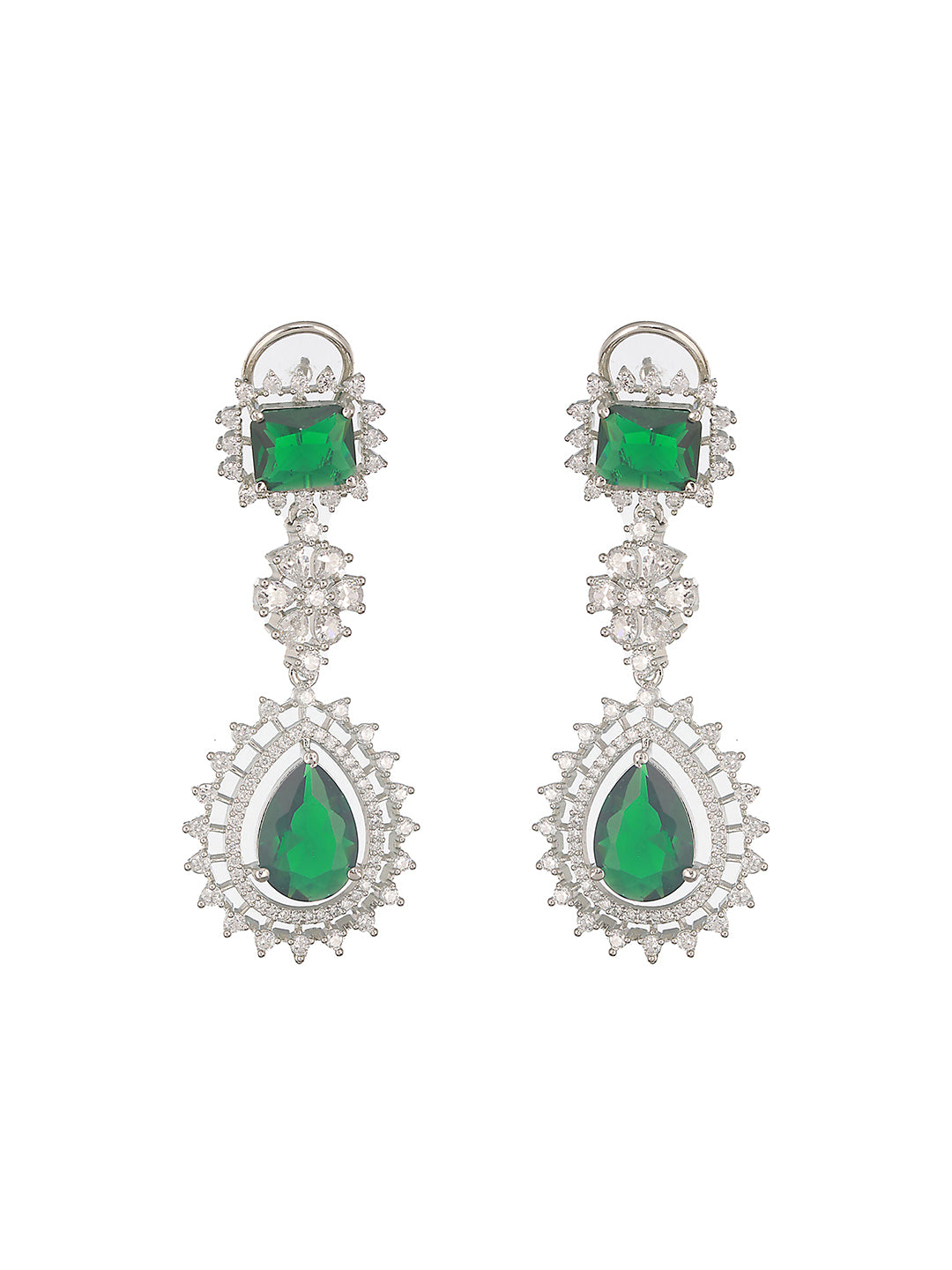 Silver Toned Emerald Green Studded Statement Pendant Jewellery Set