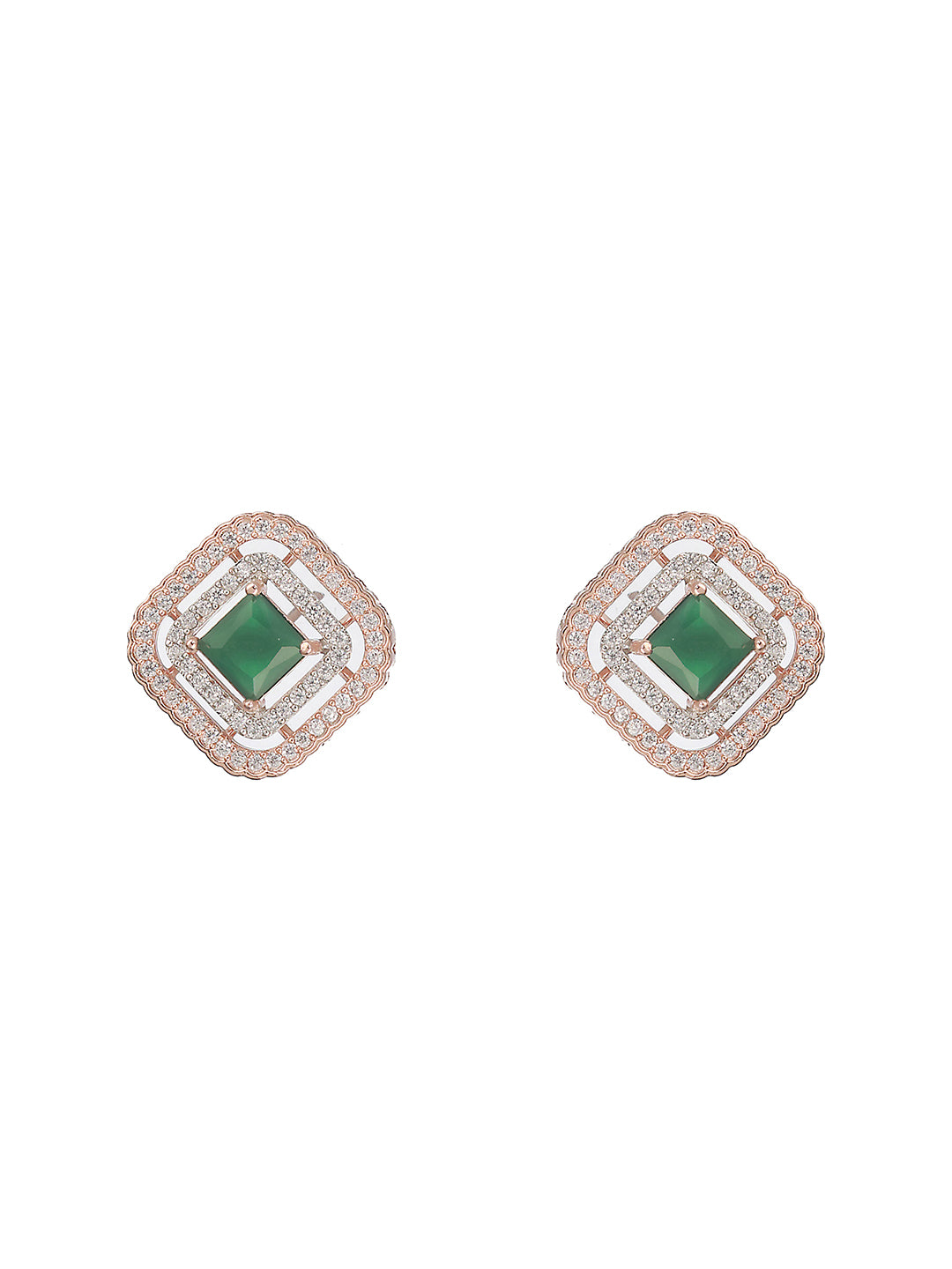 Rose Gold Plated Emerald Green AD Studded Square Pendant Jewellery Set