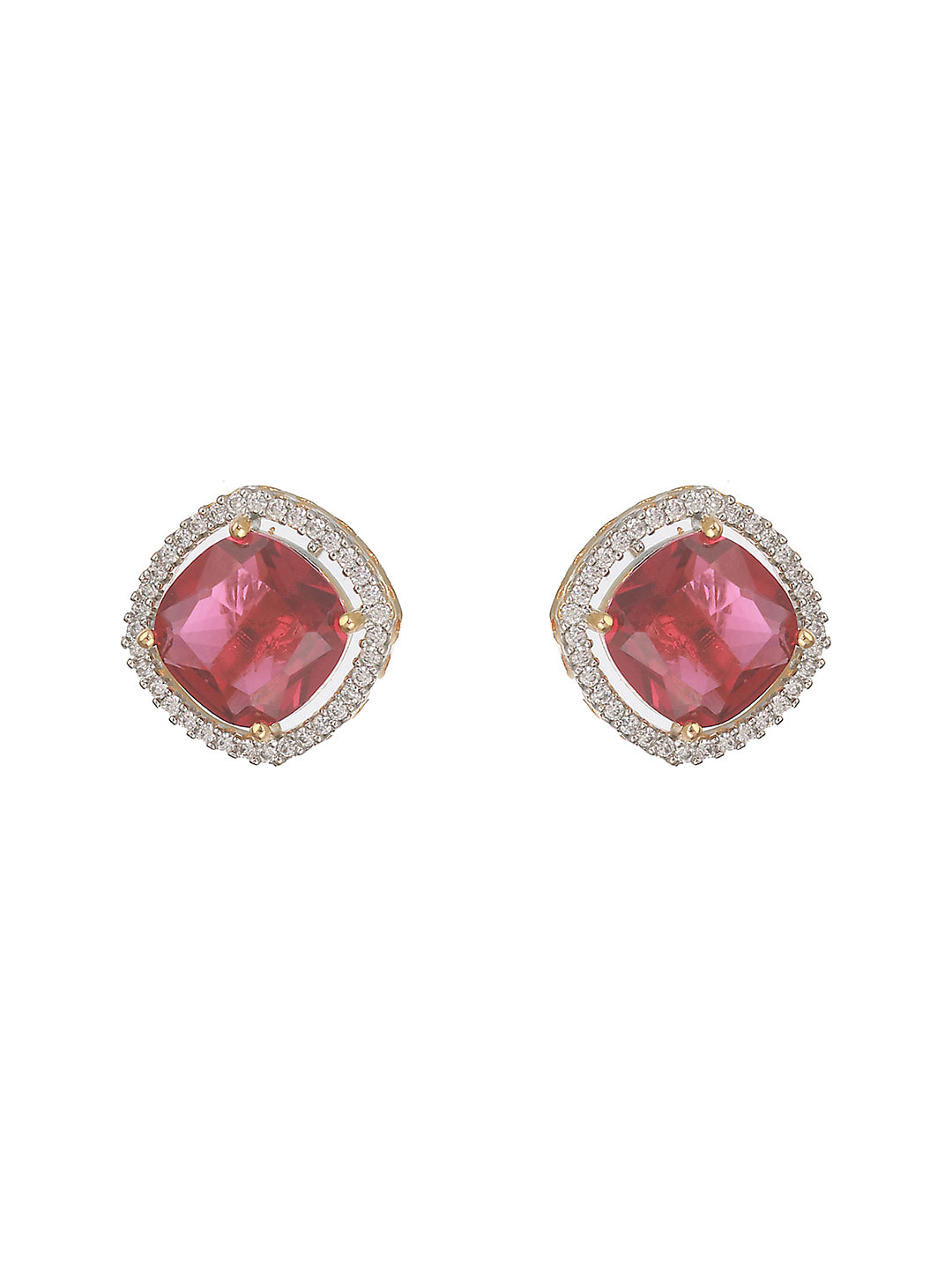 Gold Toned Ruby Red AD Studded Square Pendant Jewellery Set