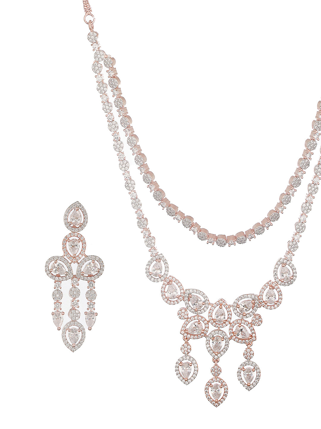 Rose Gold Toned Zircon Studded 2 - Lined Layered  Statement Necklace Jewellery Set