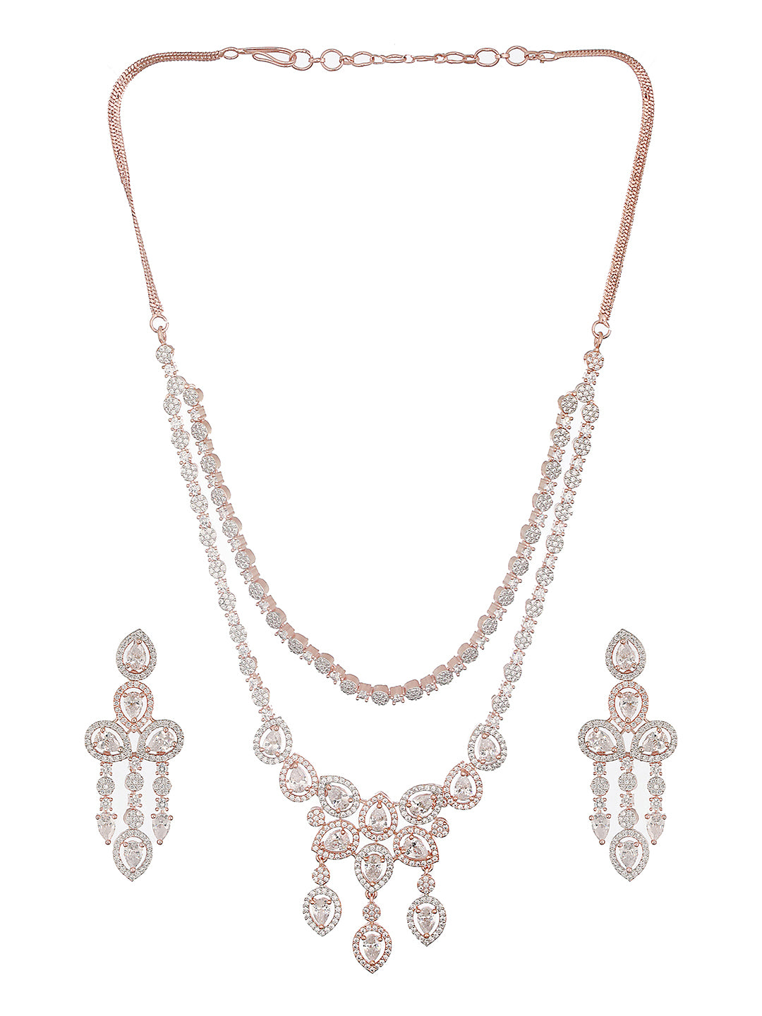 Rose Gold Toned Zircon Studded 2 - Lined Layered  Statement Necklace Jewellery Set