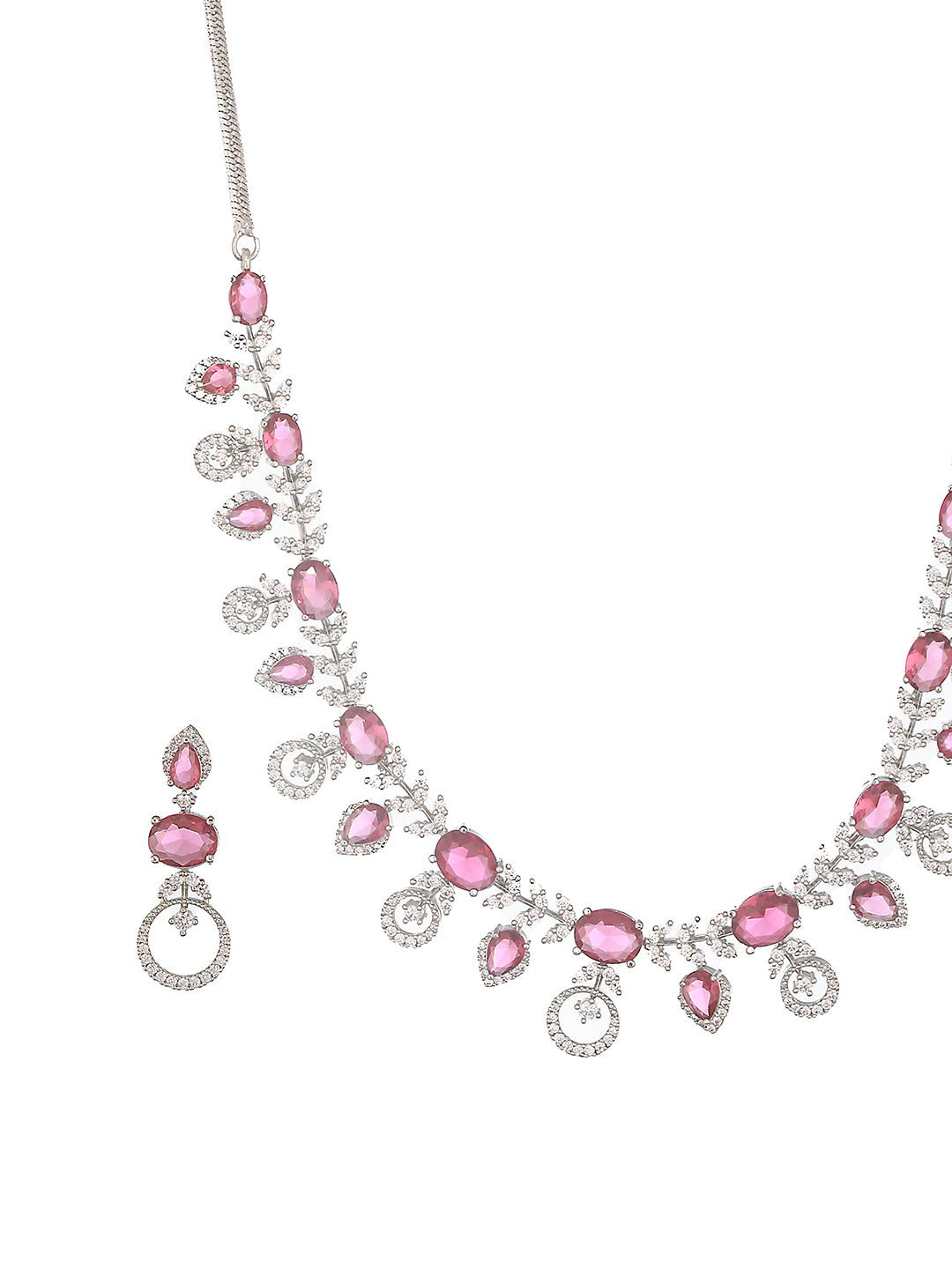 White Rhodium Red Ruby Studded Leaf Design Statement Jewellery Set