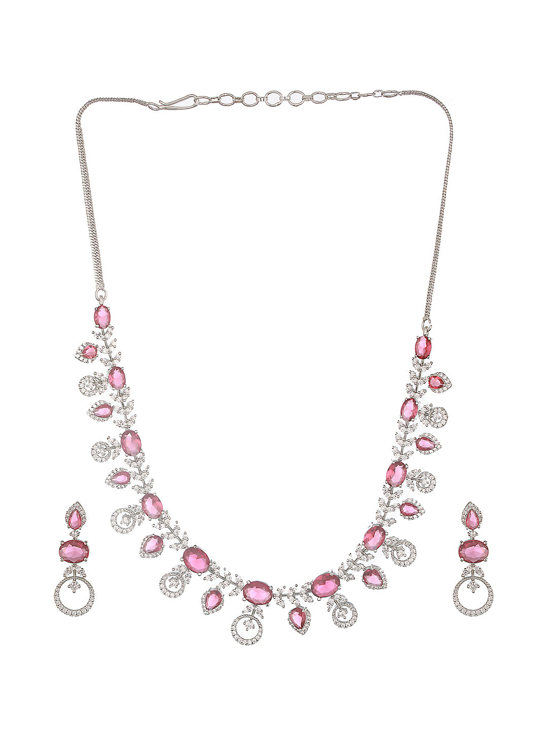 White Rhodium Red Ruby Studded Leaf Design Statement Jewellery Set