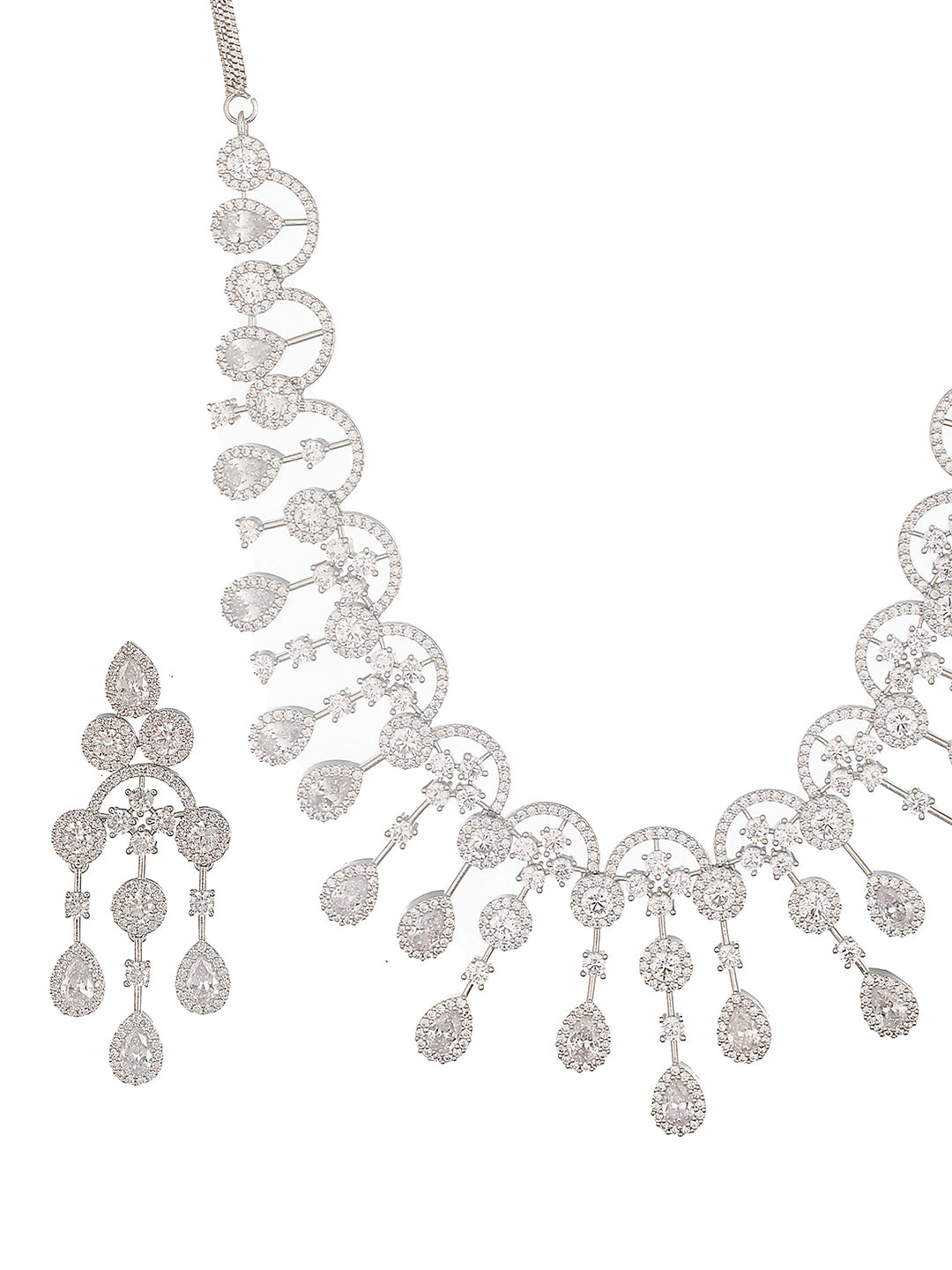 Silver Toned AD Studded Luxe Designer Necklace Jewellery Set