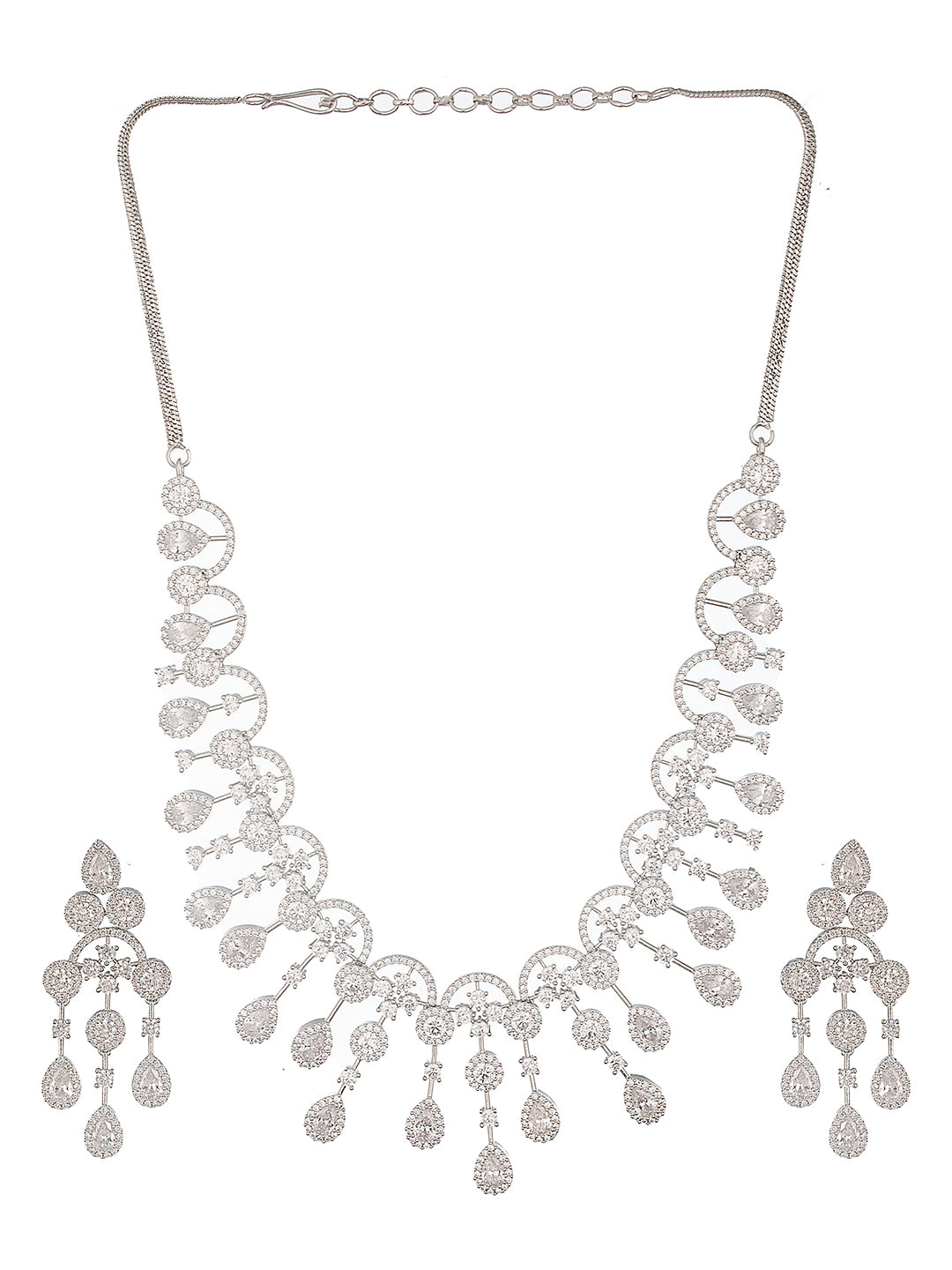 Silver Toned AD Studded Luxe Designer Necklace Jewellery Set