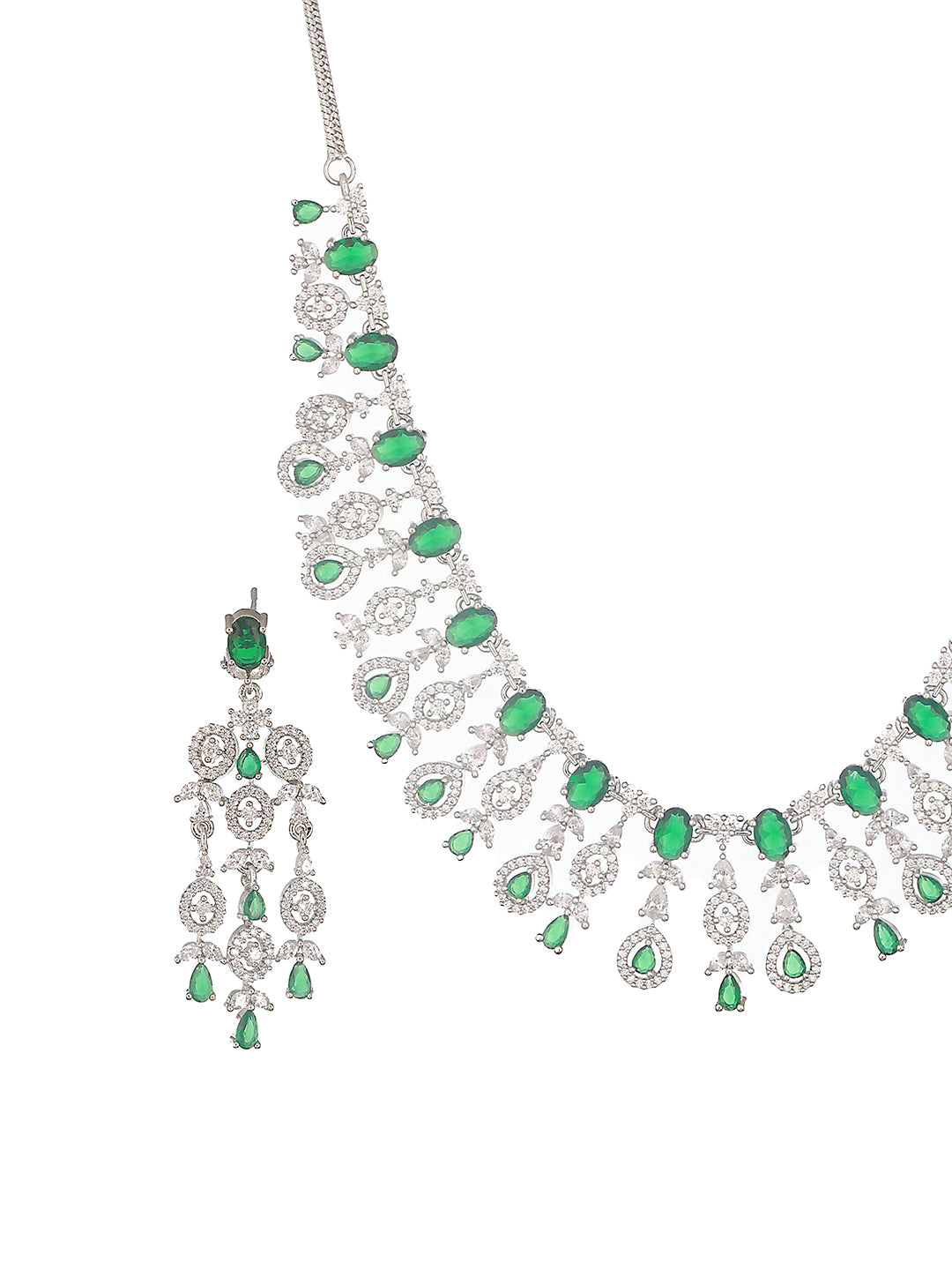 Silver Toned Emerald Green AD Studded Statement necklace Jewellery Set