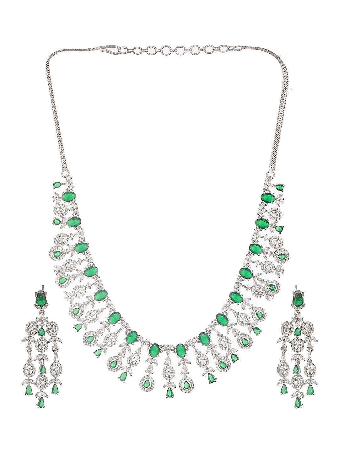 Silver Toned Emerald Green AD Studded Statement necklace Jewellery Set