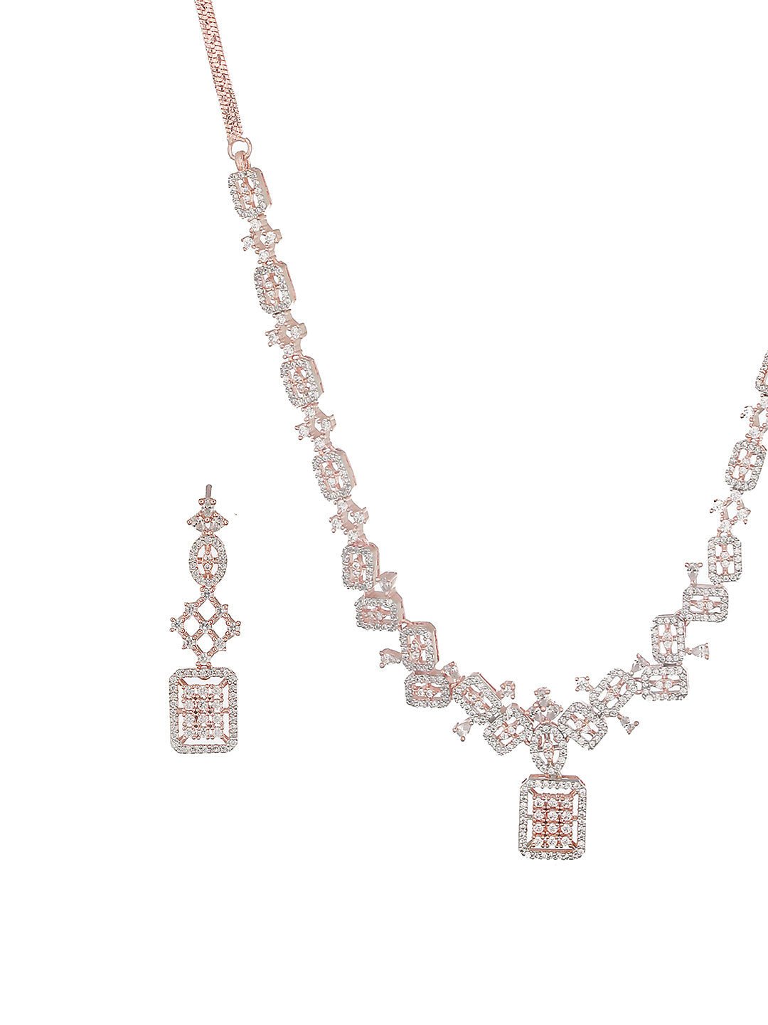 Rose Gold Toned AD Studded Geometric Pattern Minimal Pendant jewellery Set