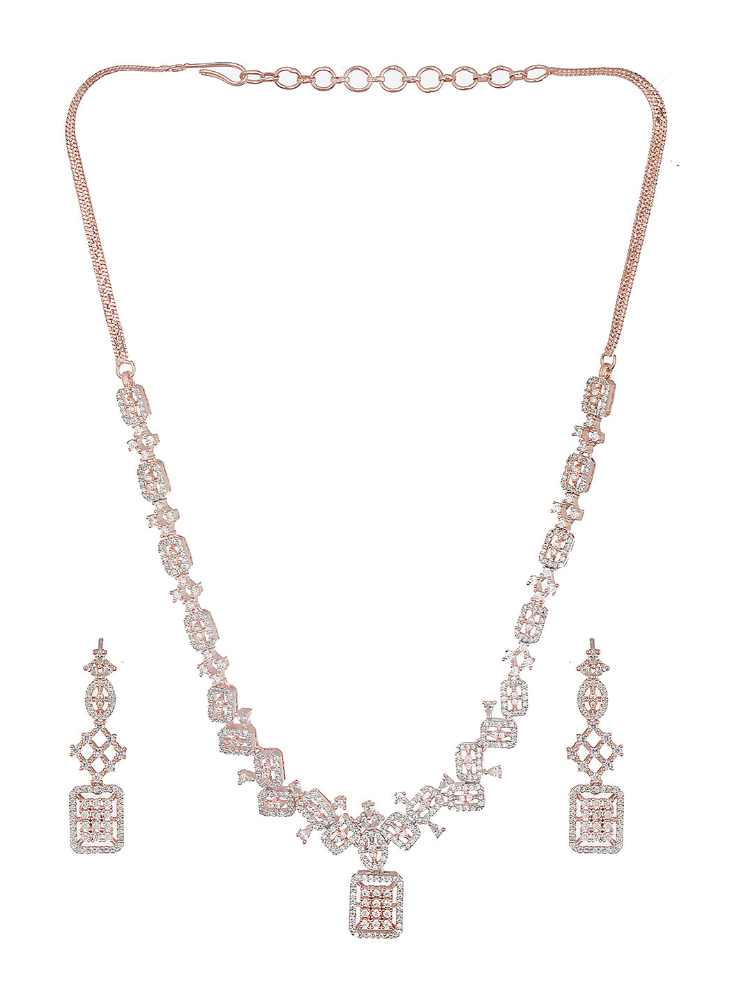 Rose Gold Toned AD Studded Geometric Pattern Minimal Pendant jewellery Set