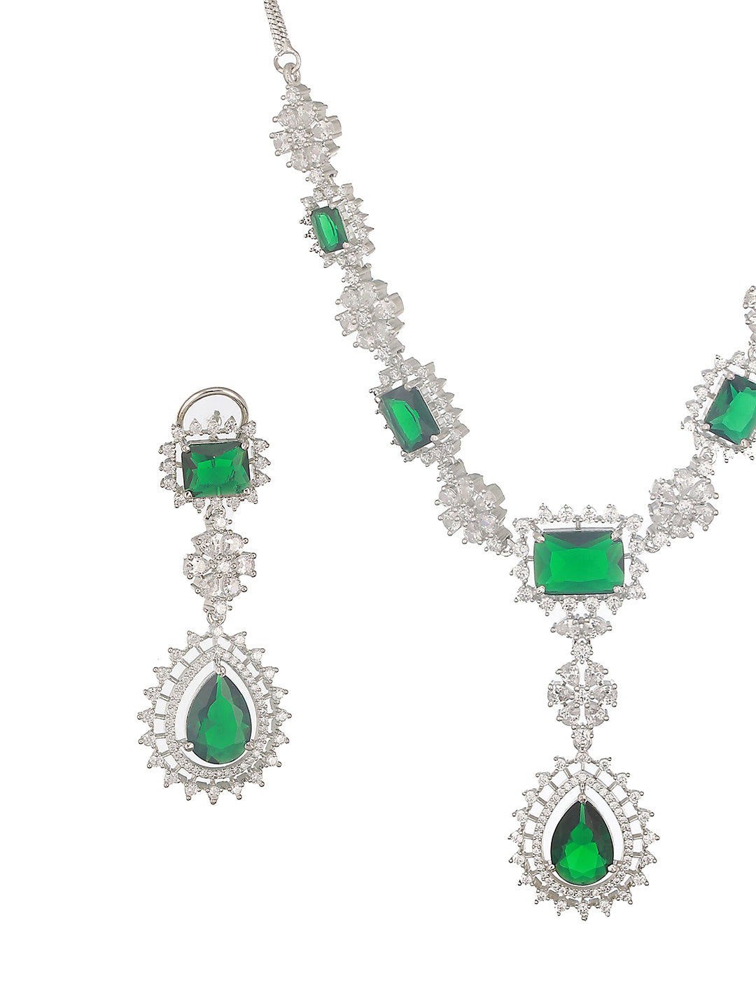 Silver Toned Emerald Green Studded Statement Pendant Jewellery Set