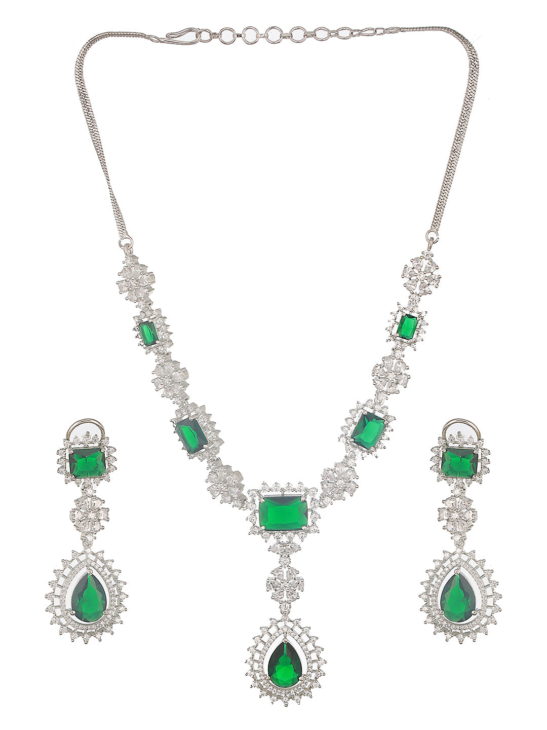 Silver Toned Emerald Green Studded Statement Pendant Jewellery Set