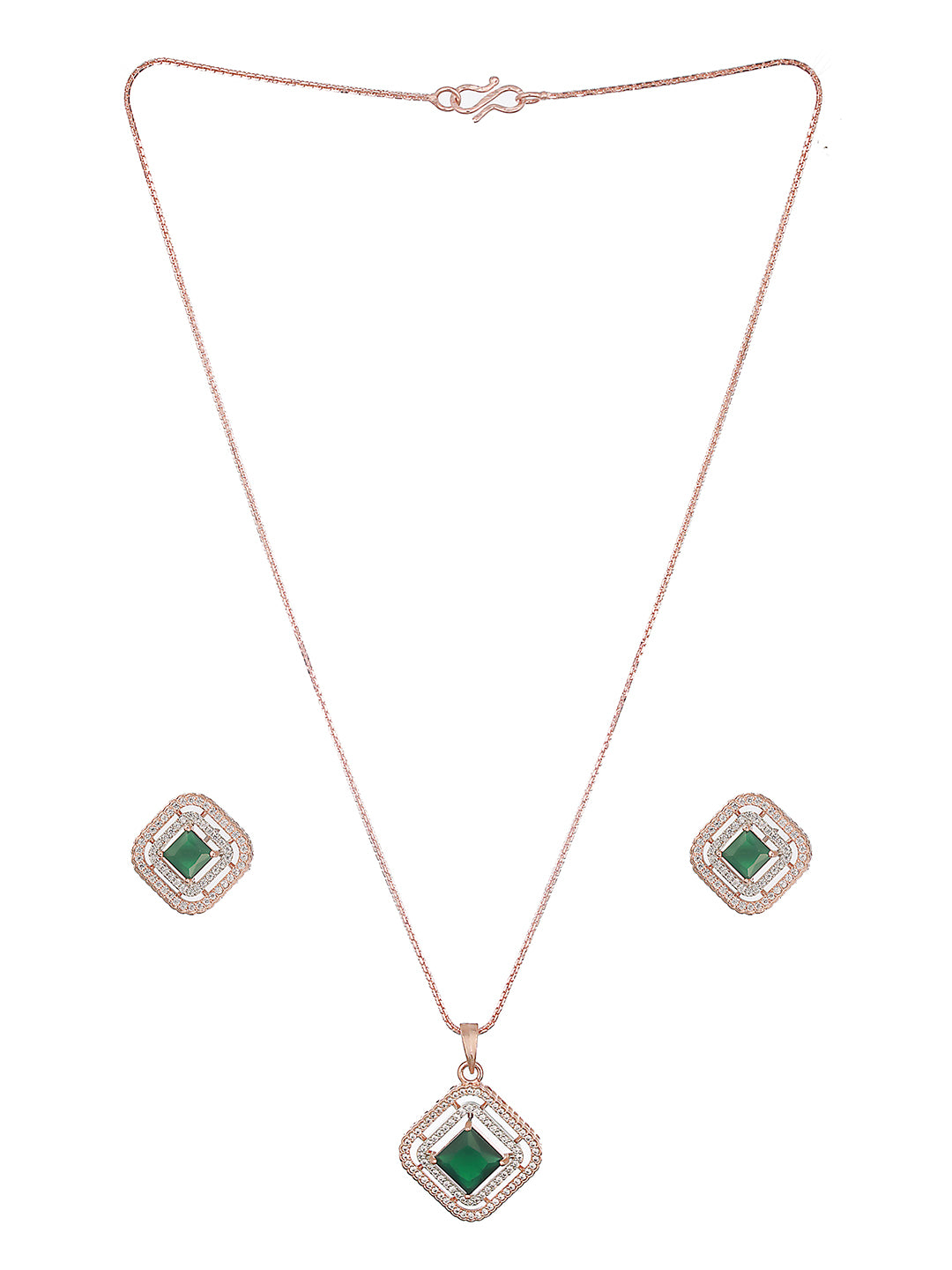 Rose Gold Plated Emerald Green AD Studded Square Pendant Jewellery Set