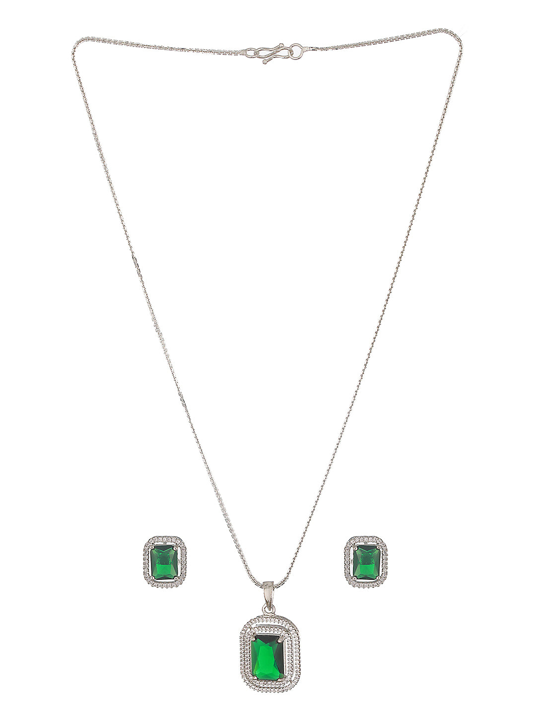 Silver Toned Emerald Green AD Studded Rectangular Pendant Jewellery Set