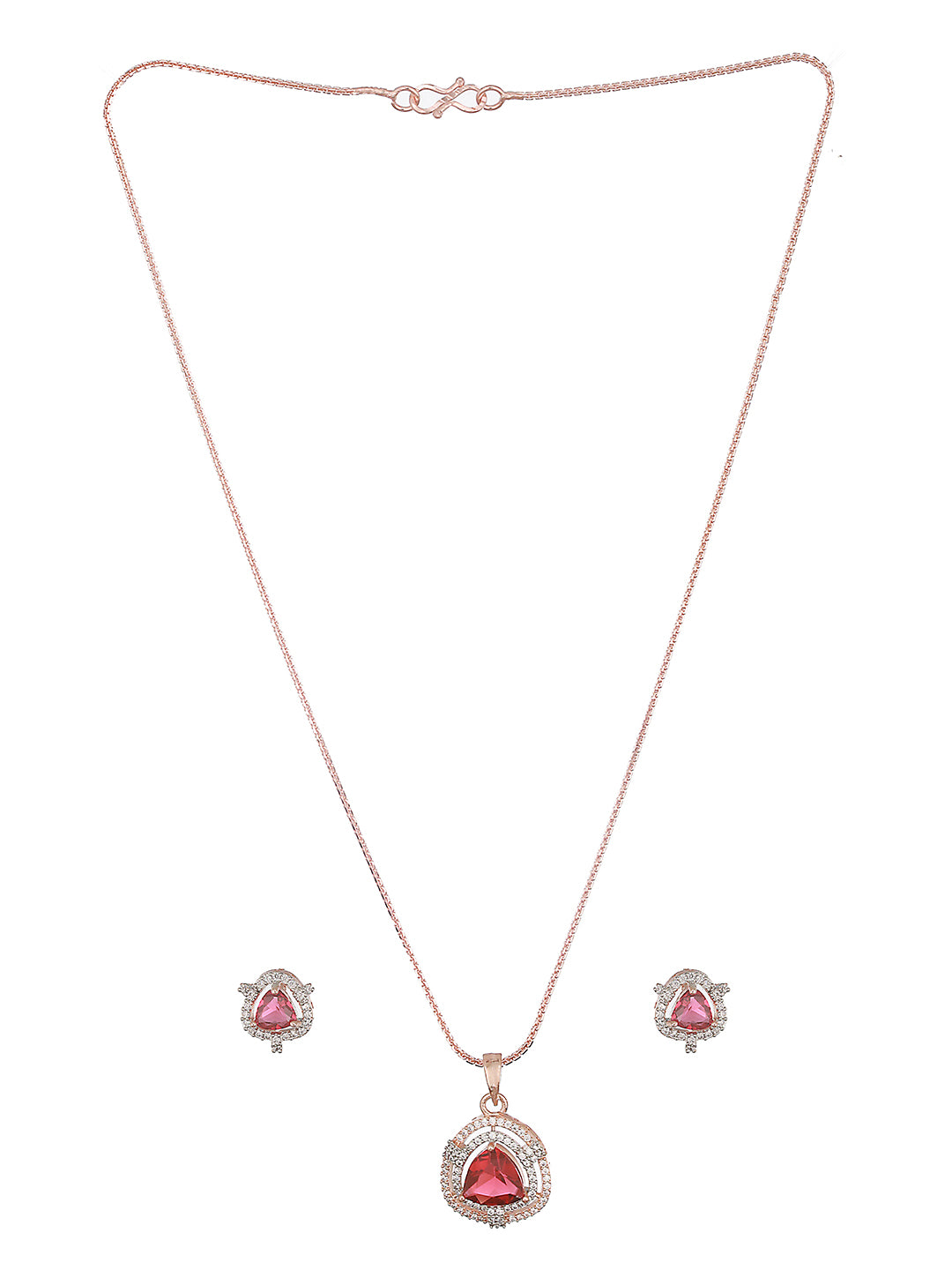 Rose Gold Plated Ruby Red  AD Studded Triangular  Pendant Jewellery Set