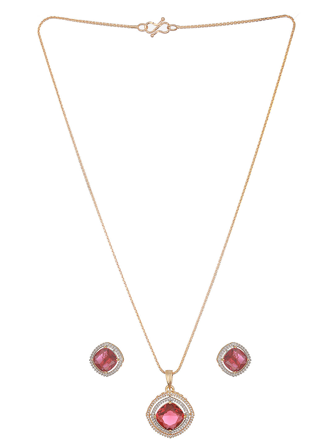 Gold Toned Ruby Red AD Studded Square Pendant Jewellery Set