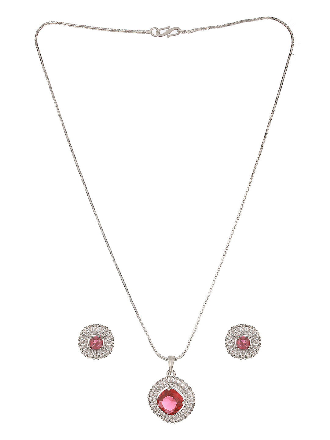 Silver Toned Ruby Red AD Studded Square Minimal Locket Jewellery Set