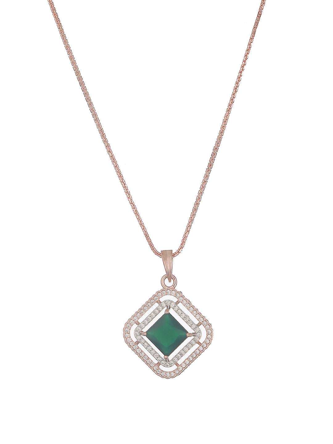 Rose Gold Plated Emerald Green AD Studded Square Pendant Jewellery Set