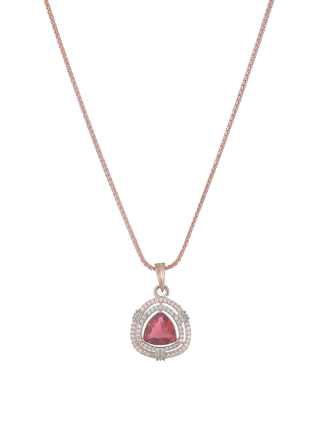 Rose Gold Plated Ruby Red  AD Studded Triangular  Pendant Jewellery Set