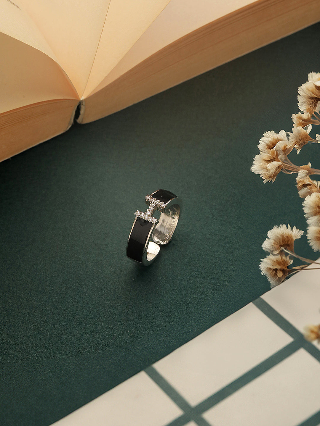 SARAF TRENDZ Anti-tarnish Silver-Plated AD-Studded Enamelled Adjustable Finger Ring