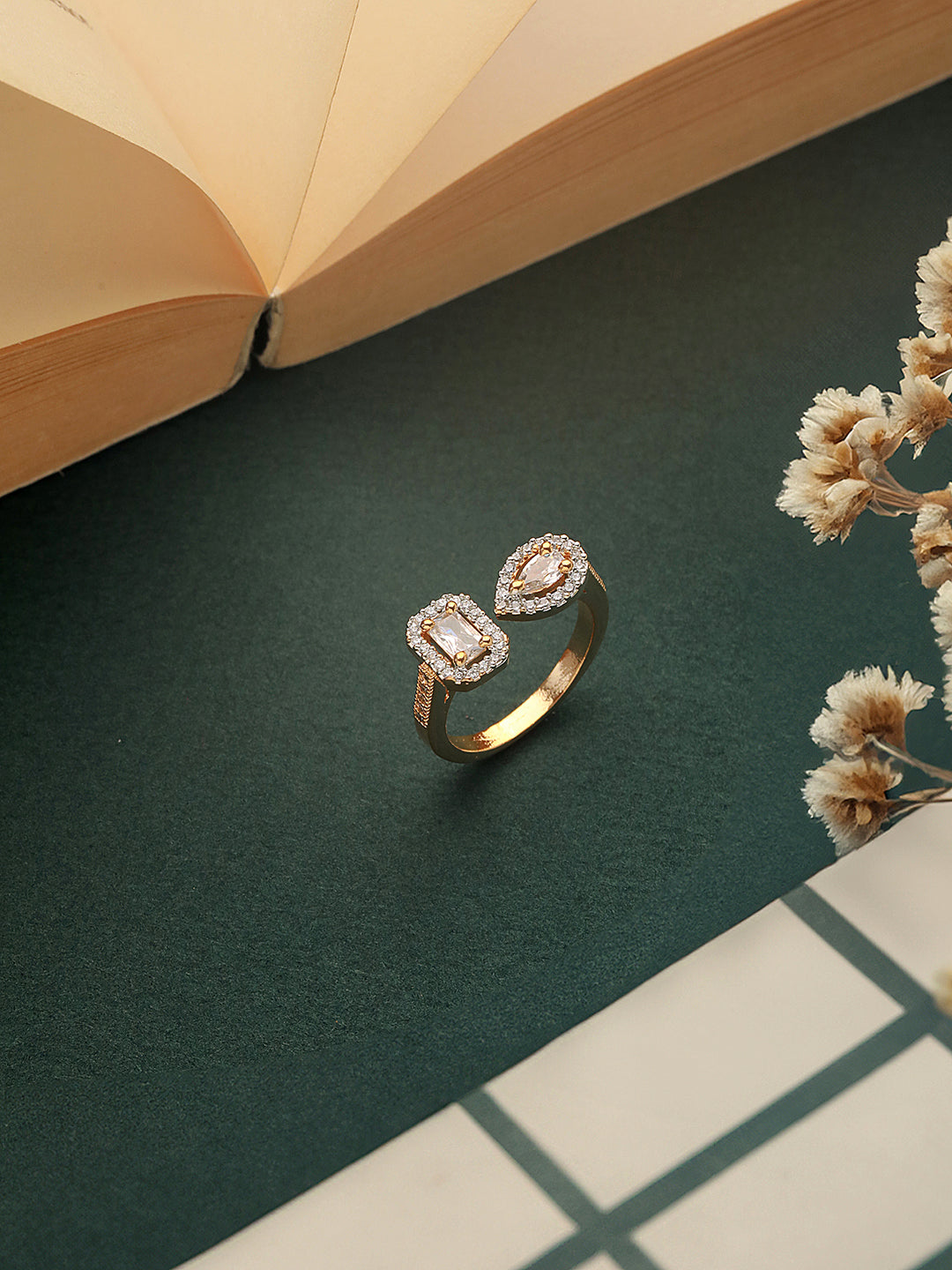 Gold Toned AD Studded Minimal Engagement Solitaire Finger Ring