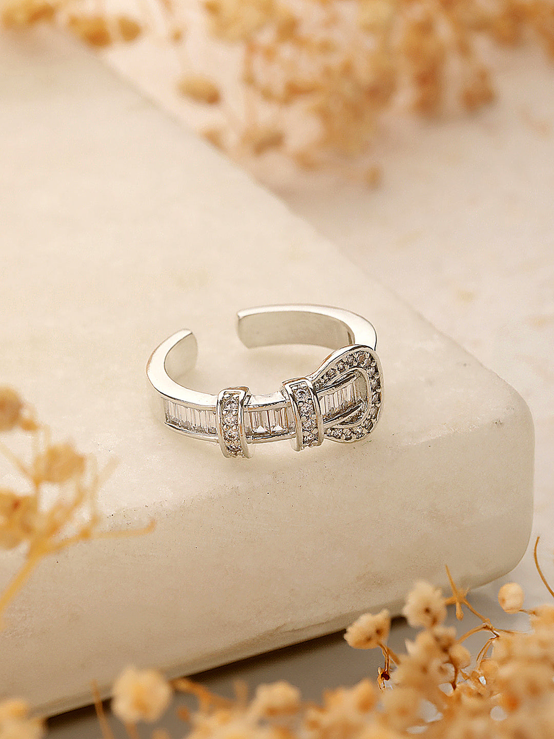 SARAF TRENDZ Anti-tarnish Silver Plated CZ Stone Studded Buckle Design Finger Ring