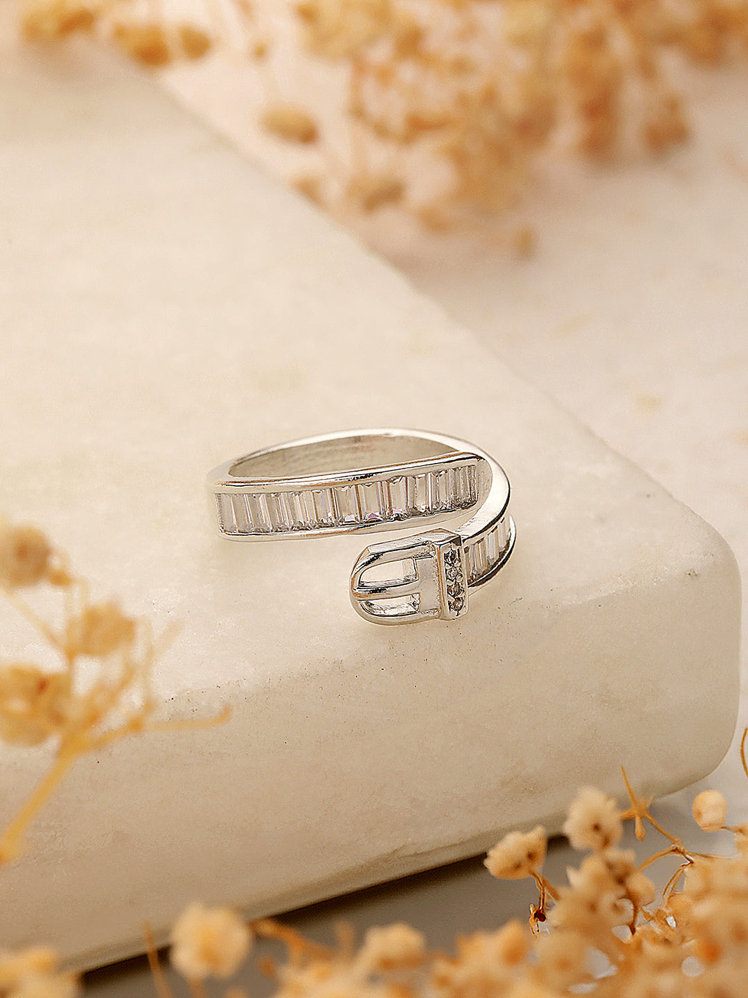 SARAF TRENDZ Silver Plated CZ-Studded Adjustable Finger Ring