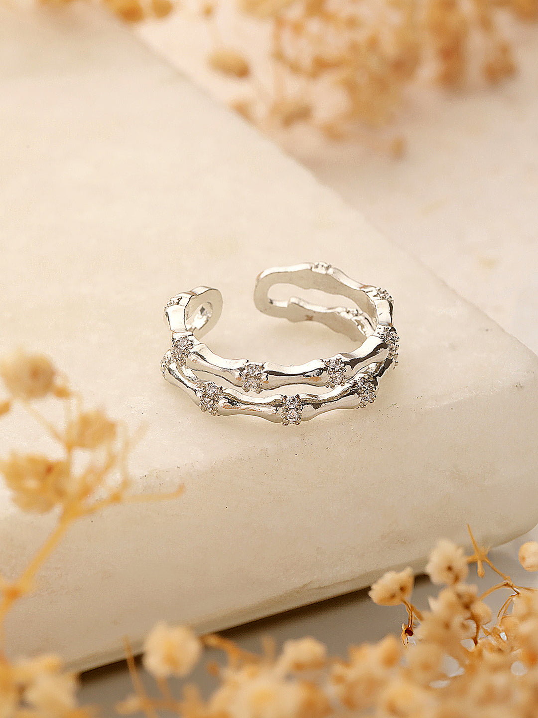 SARAF TRENDZ Anti-tarnish Silver-Plated CZ Stones-Studded Minimal Band Finger Ring