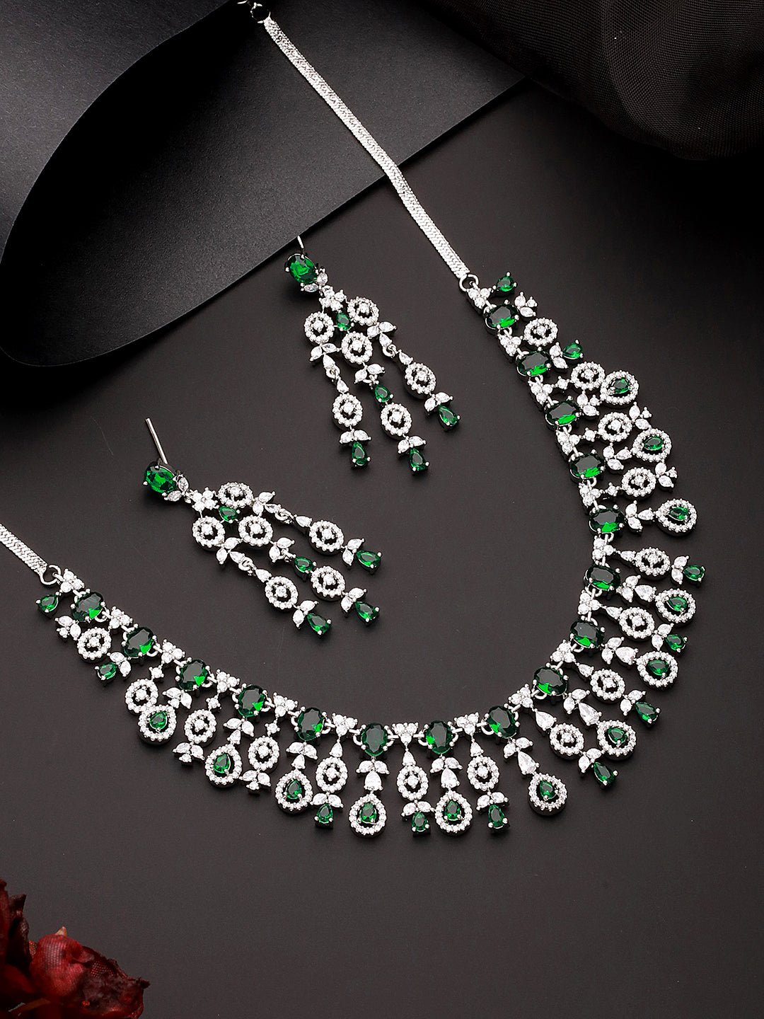 Silver Toned Emerald Green AD Studded Statement necklace Jewellery Set