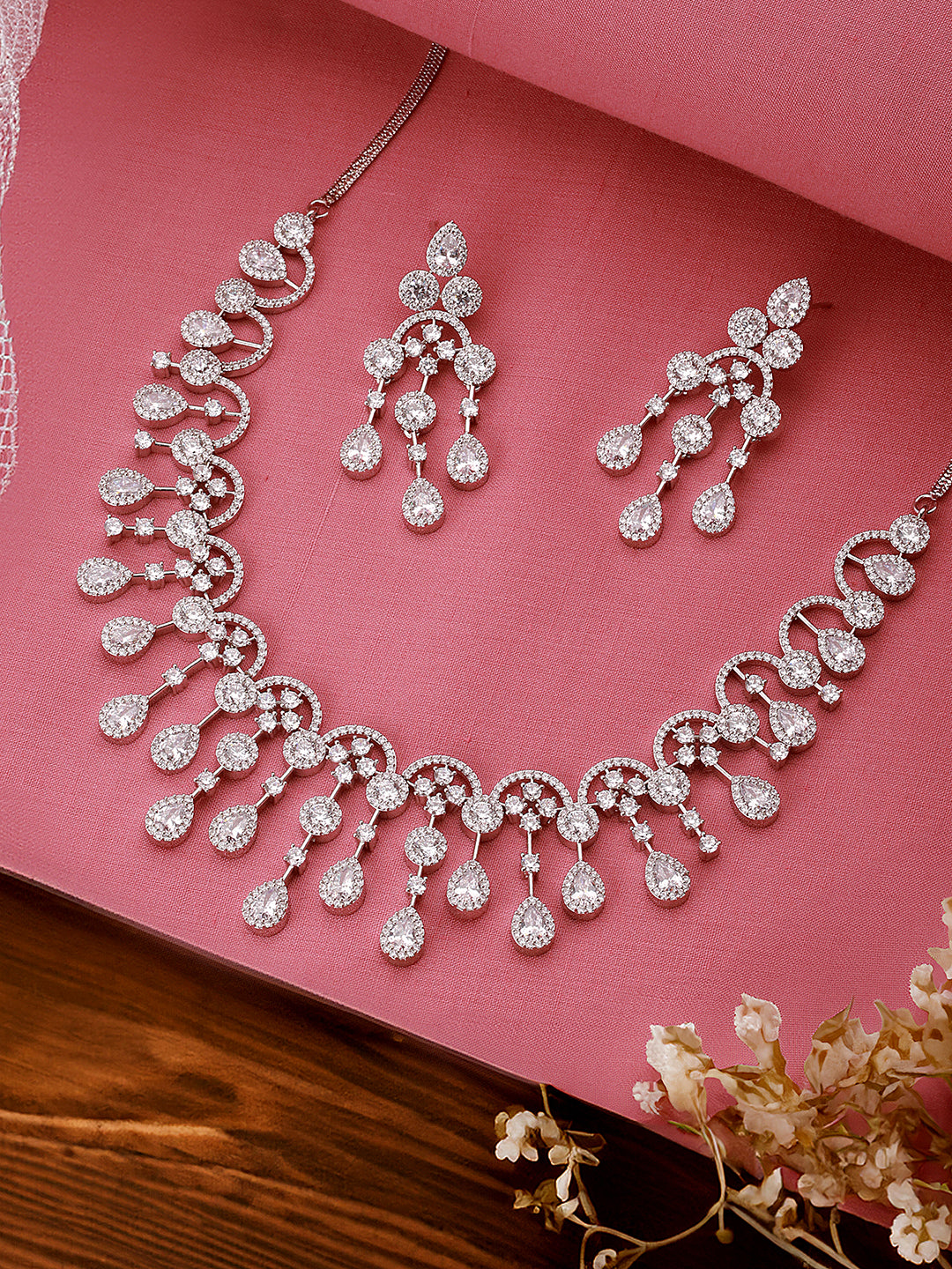 Silver Toned AD Studded Luxe Designer Necklace Jewellery Set