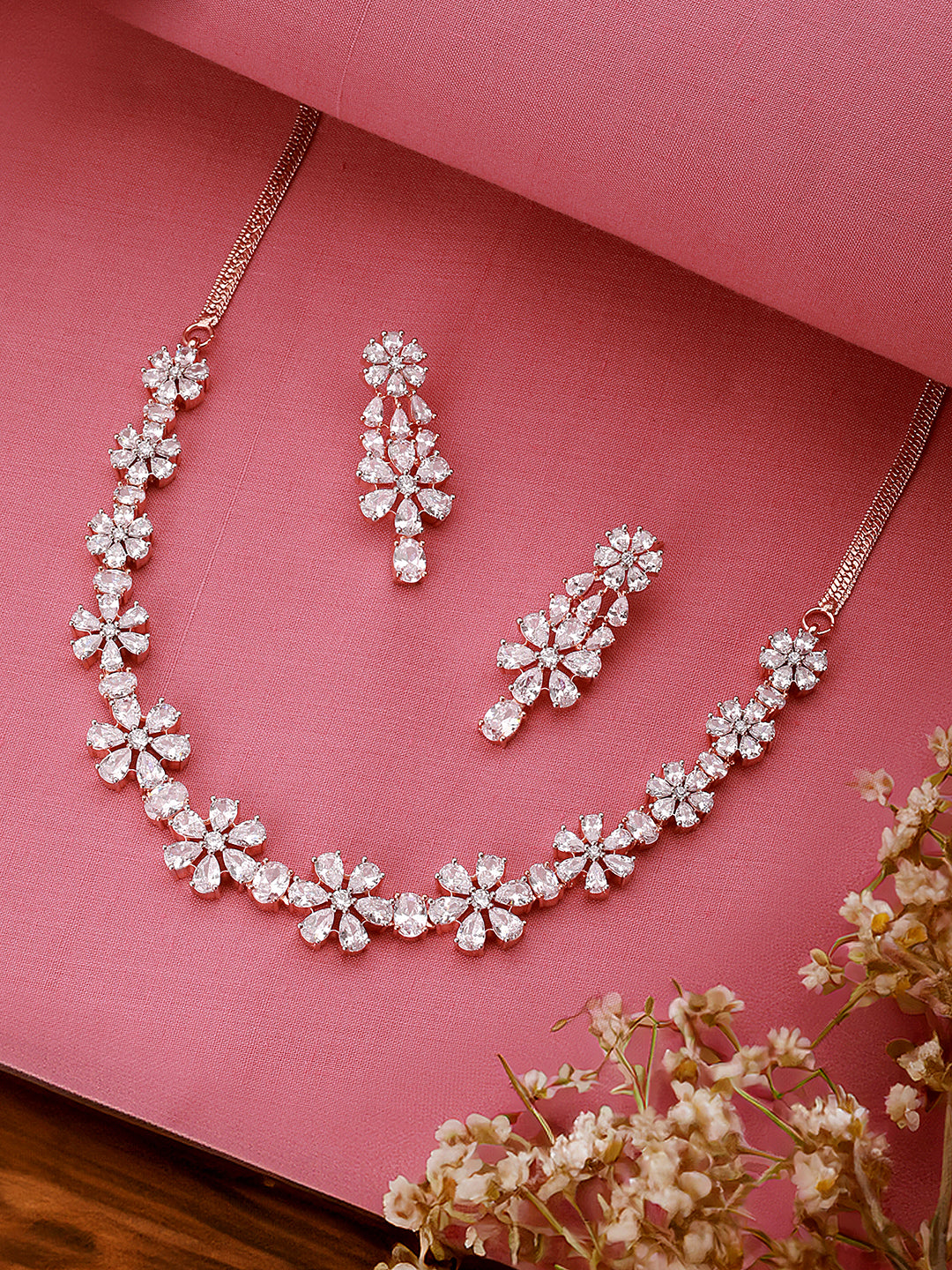 Rose Gold Plated AD Studded Floral Delicate Jewellery Set