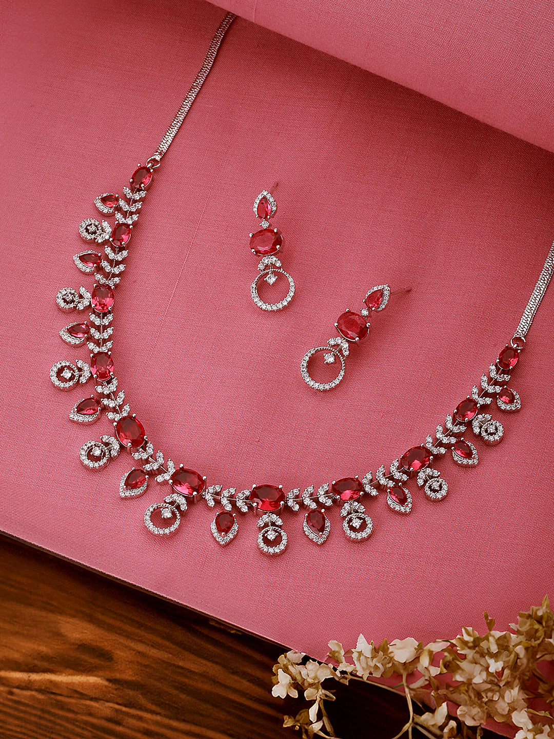 White Rhodium Red Ruby Studded Leaf Design Statement Jewellery Set