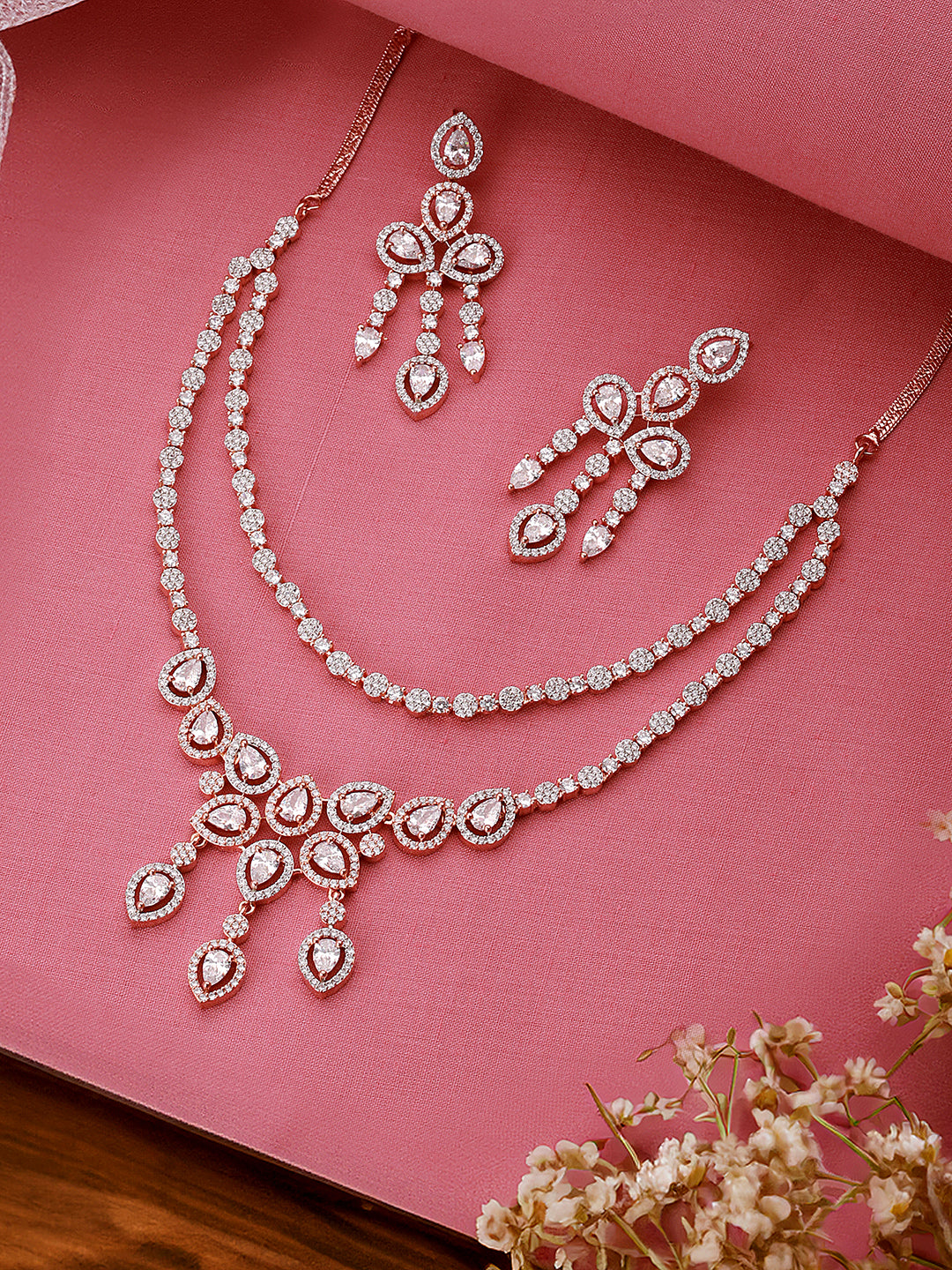 Rose Gold Toned Zircon Studded 2 - Lined Layered  Statement Necklace Jewellery Set